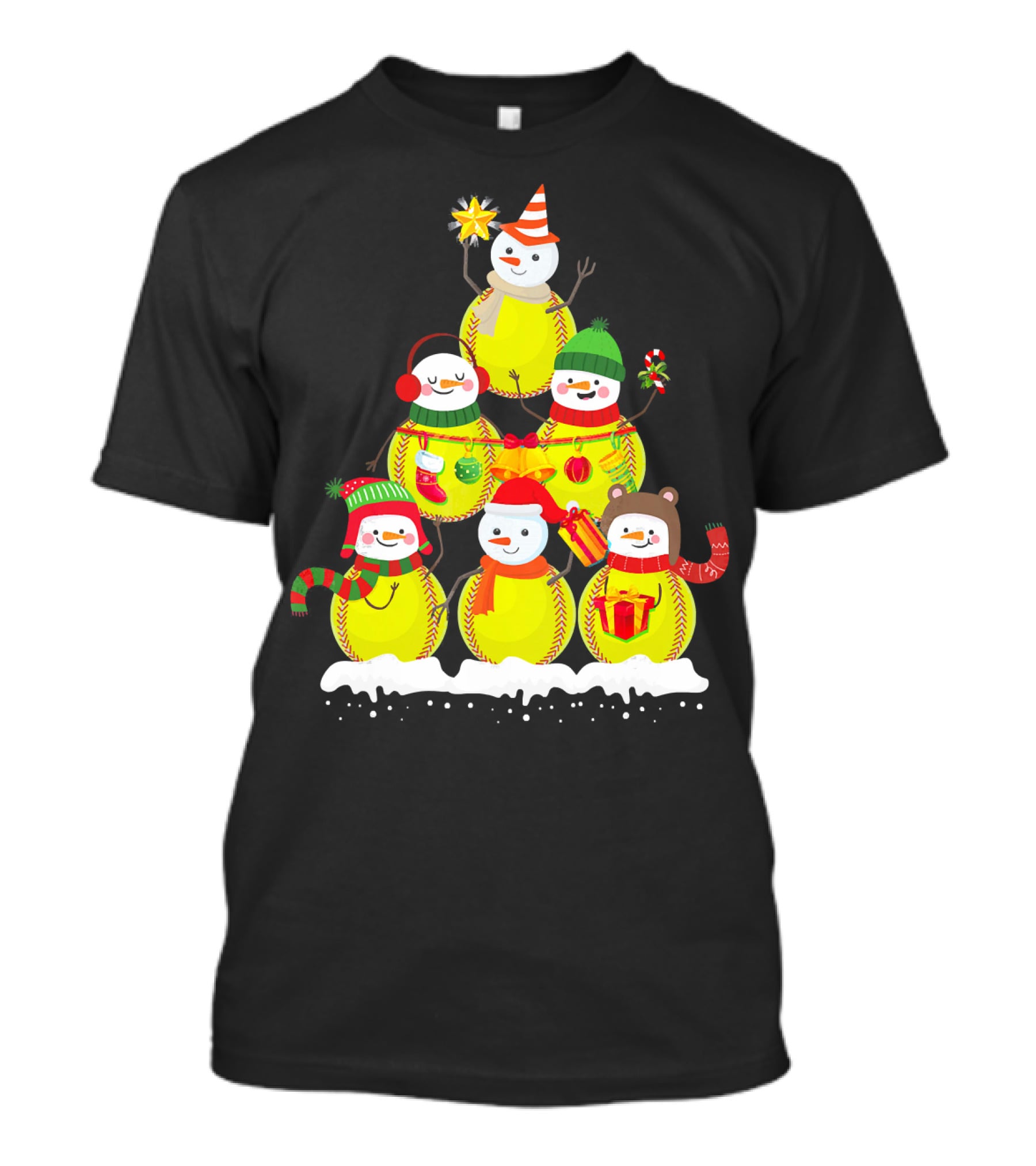 Softball Snowman Christmas Tree Holiday Scene T-Shirt