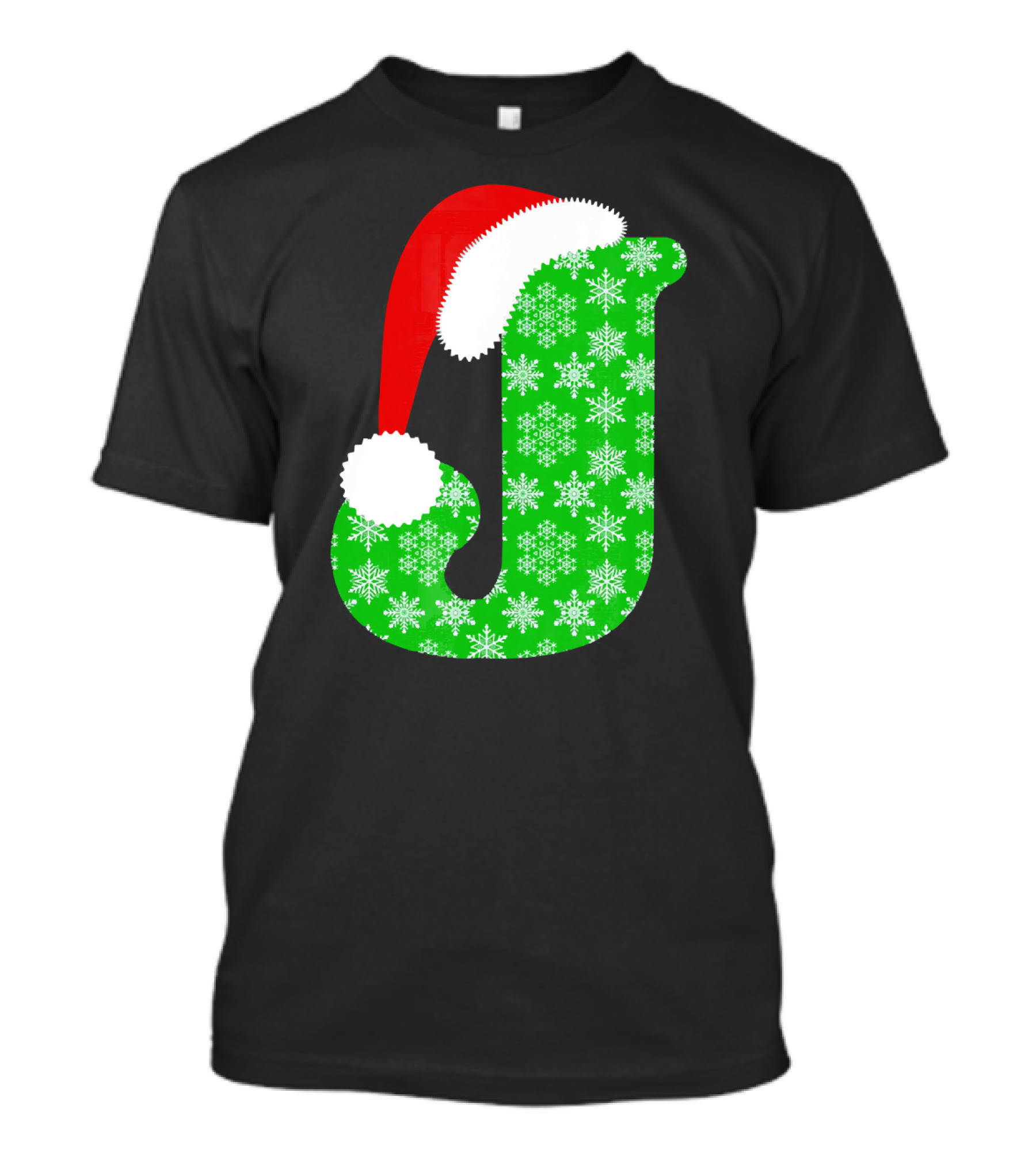 Santa Hat Green Snowflake Monogram Letter J Christmas T-Shirt