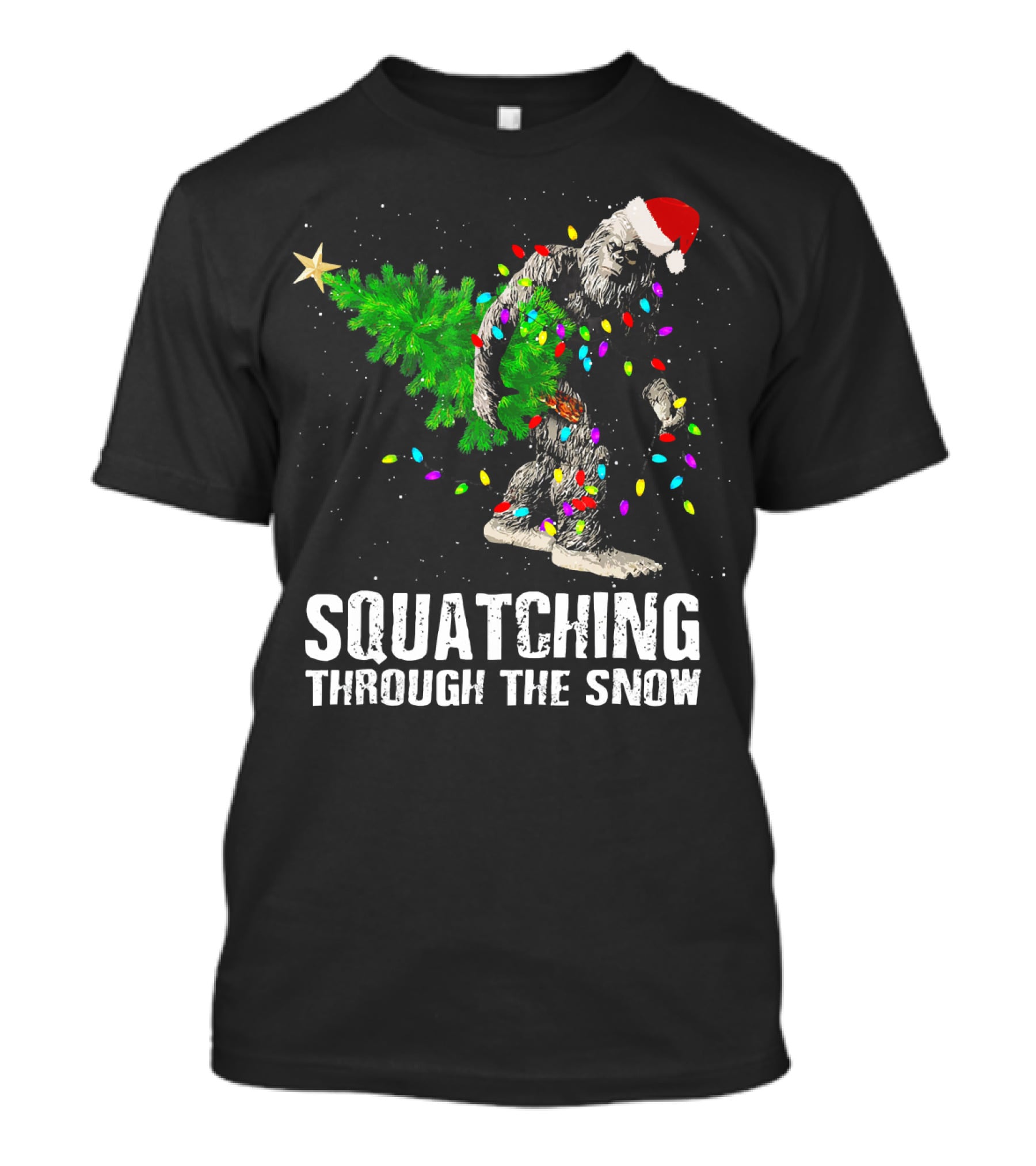 Squatching Through The Snow Bigfoot Christmas Lights Santa Hat T-Shirt