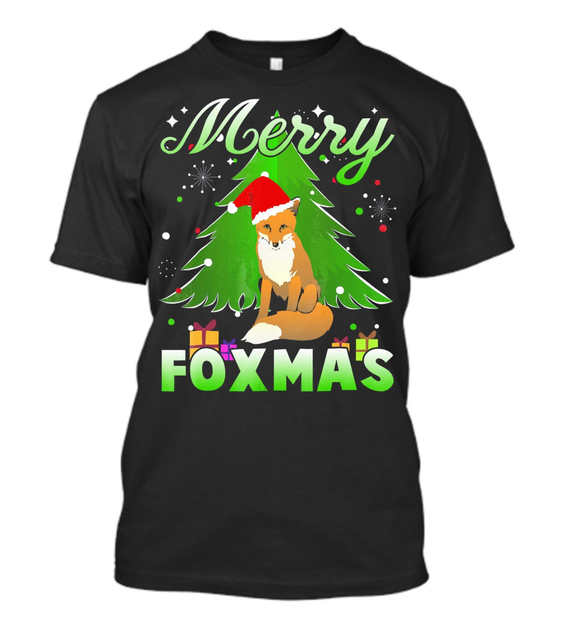 Merry Foxmas Santa Hat Fox And Christmas Tree T-Shirt
