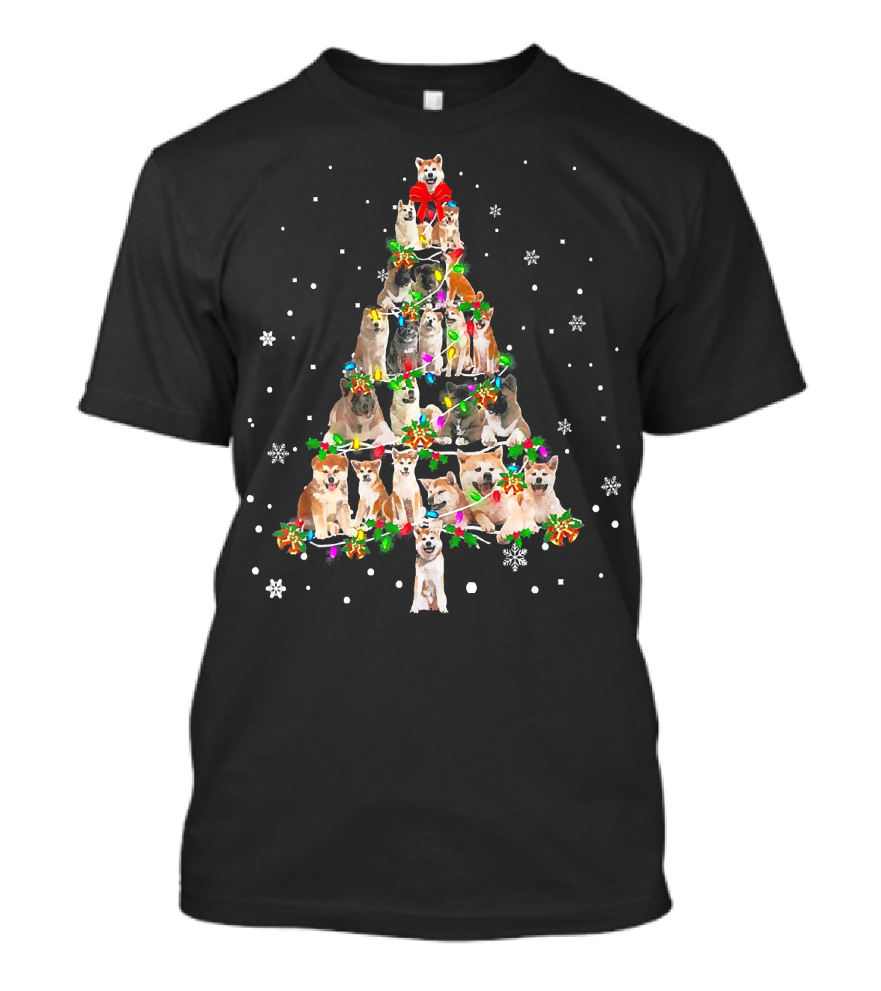 Cute Akita Dog Christmas Tree Decor With Snowflakes And Festive Lights T-Shirt