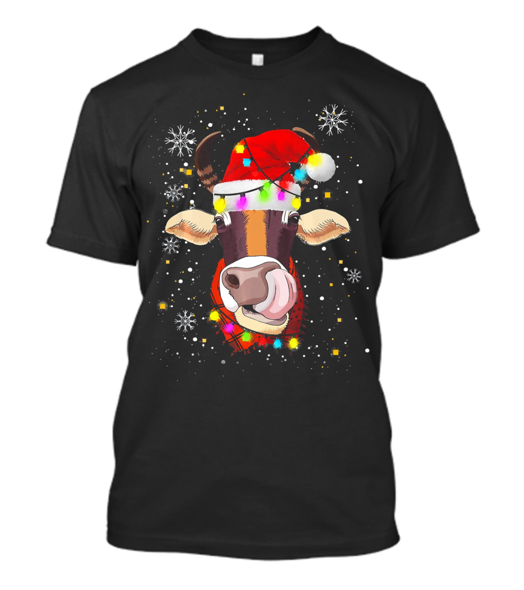 Festive Cow With Santa Hat And Christmas Lights For Animal Lovers T-Shirt