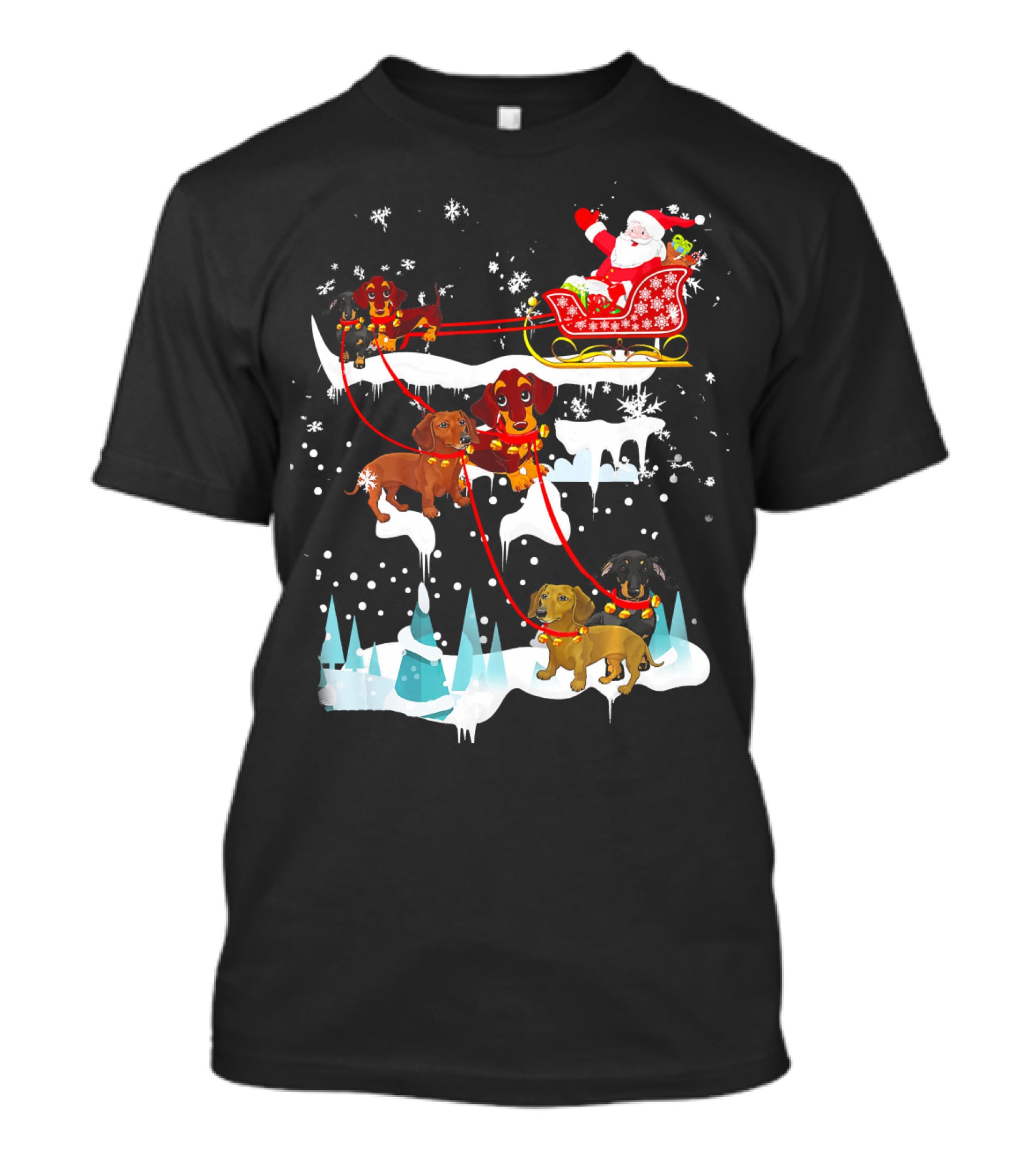 Santa Sleigh With Dachshund Reindeer Christmas Scene T-Shirt