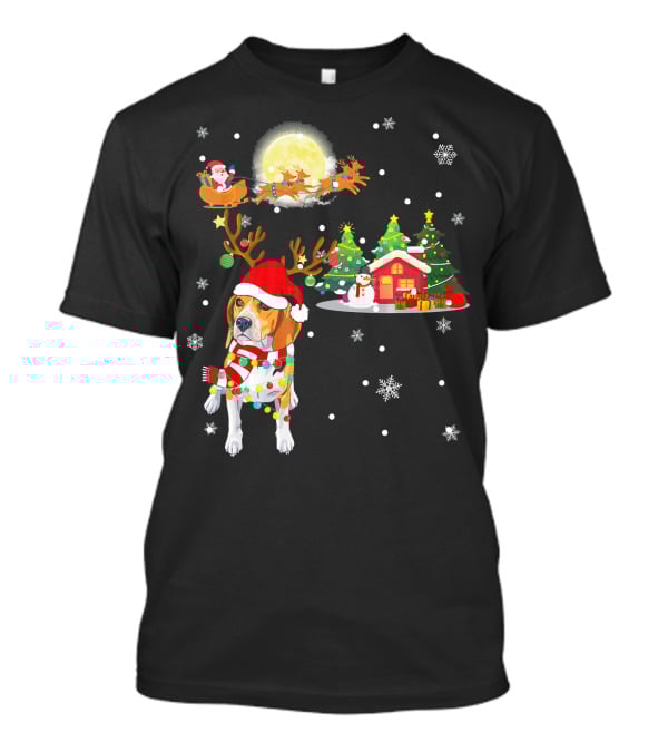 Beagle Christmas Santa Sleigh Trees Snowman Holiday Scene T-Shirt