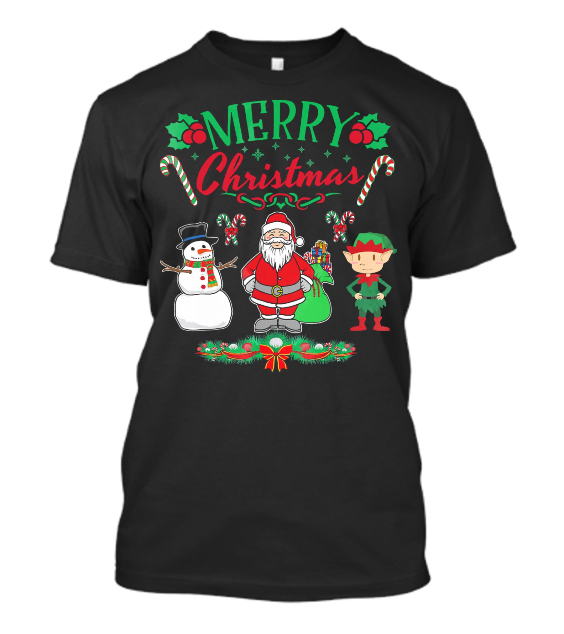 Merry Christmas Santa And Snowman With Elf And Candy Canes T-Shirt
