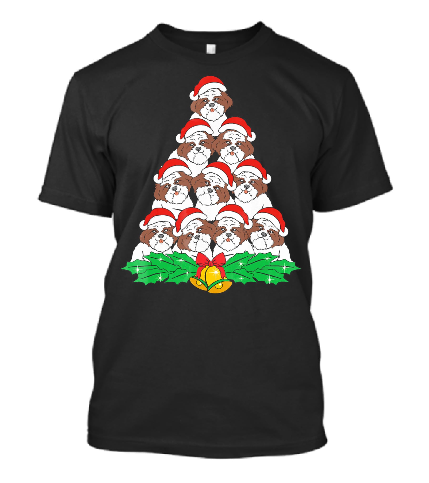 Shih Tzu Christmas Tree Dog Santa Hat Bells Holly Xmas Lover T-Shirt