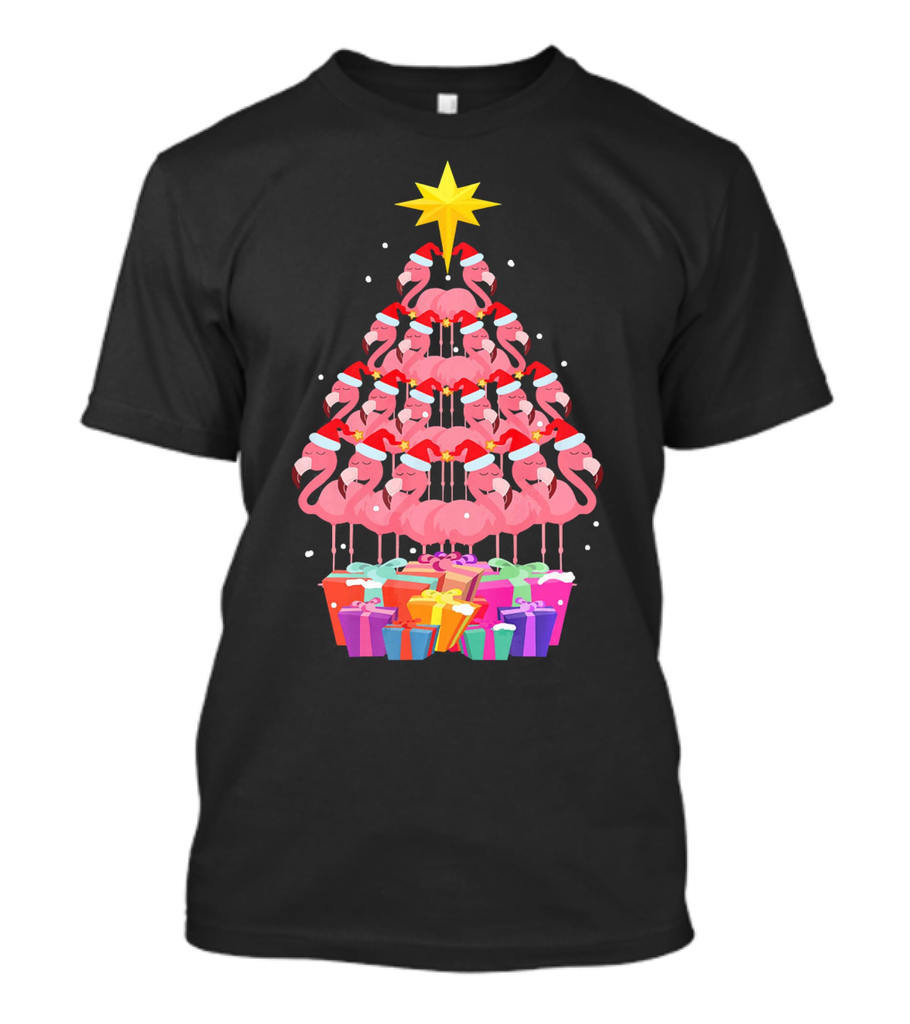Flamingo Santa Hat Christmas Tree With Gifts And Star T-Shirt