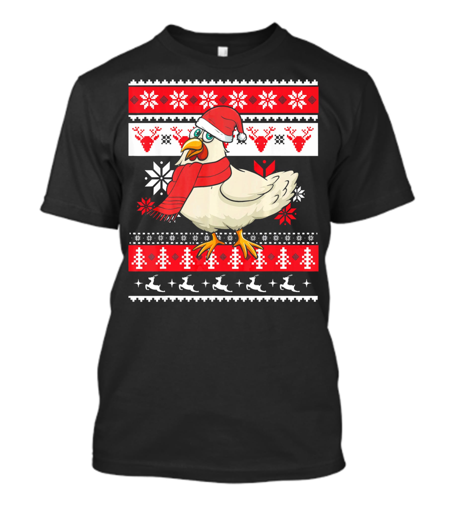 Ugly Christmas Chicken Santa Hat Snowflakes Reindeer Red Scarf T-Shirt