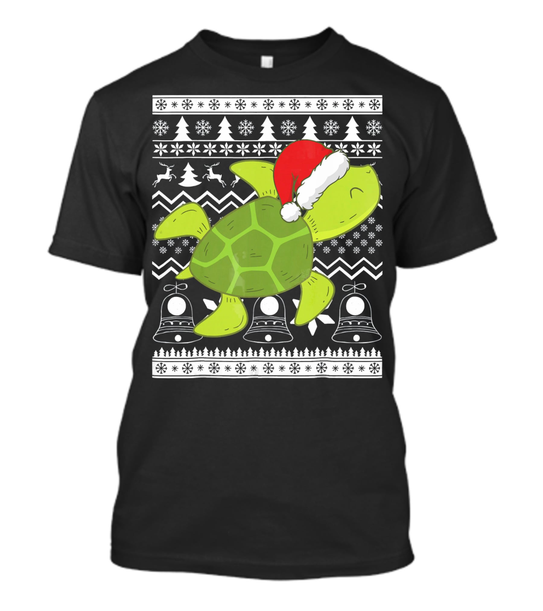 Sea Turtle Santa Holiday Sweater Design With Christmas Bells, Reindeer, Trees, And Snowflakes T-Shirt