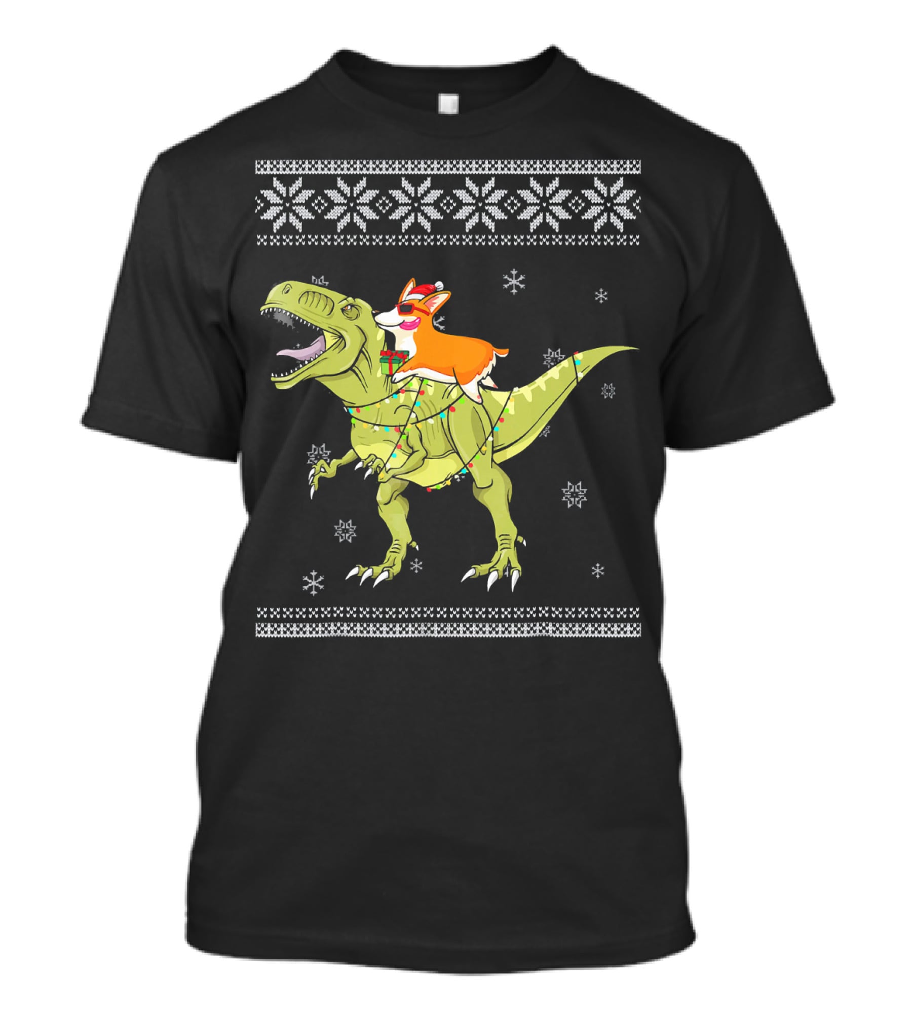 Corgi Riding T-Rex Dinosaur Christmas Lights Snowflakes Ugly T-Shirt