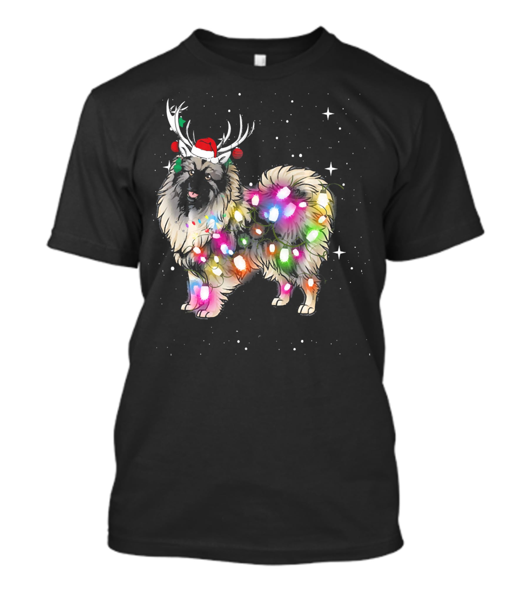 Keeshond Dog Wrapped In Christmas Lights Wearing Red Santa Hat And Antlers T-Shirt