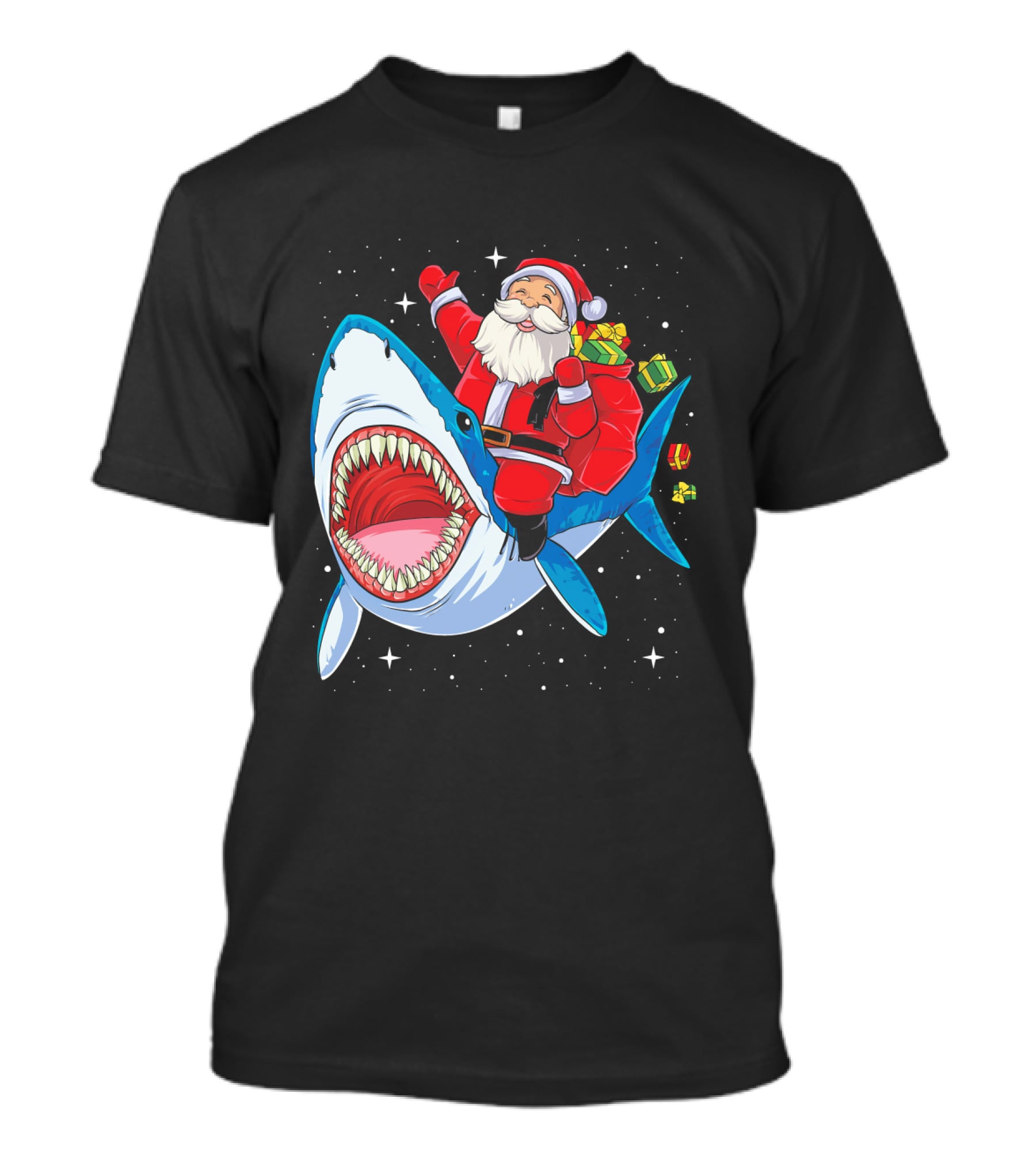 Santa Claus Riding A Shark With Gifts T-Shirt