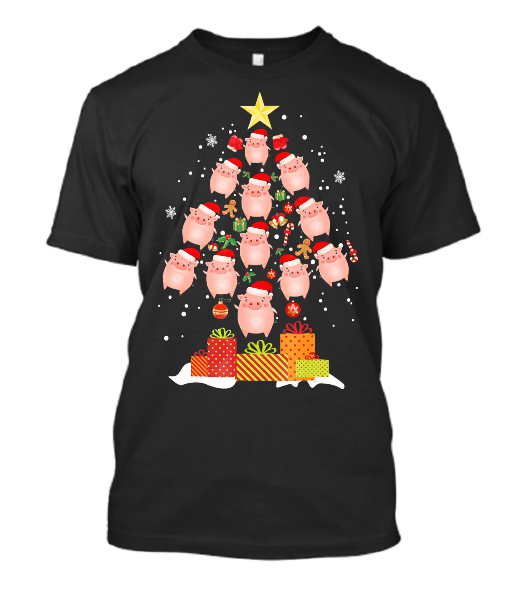 Christmas Tree Of Santa Hat Pigs With Gifts And Snowflakes T-Shirt