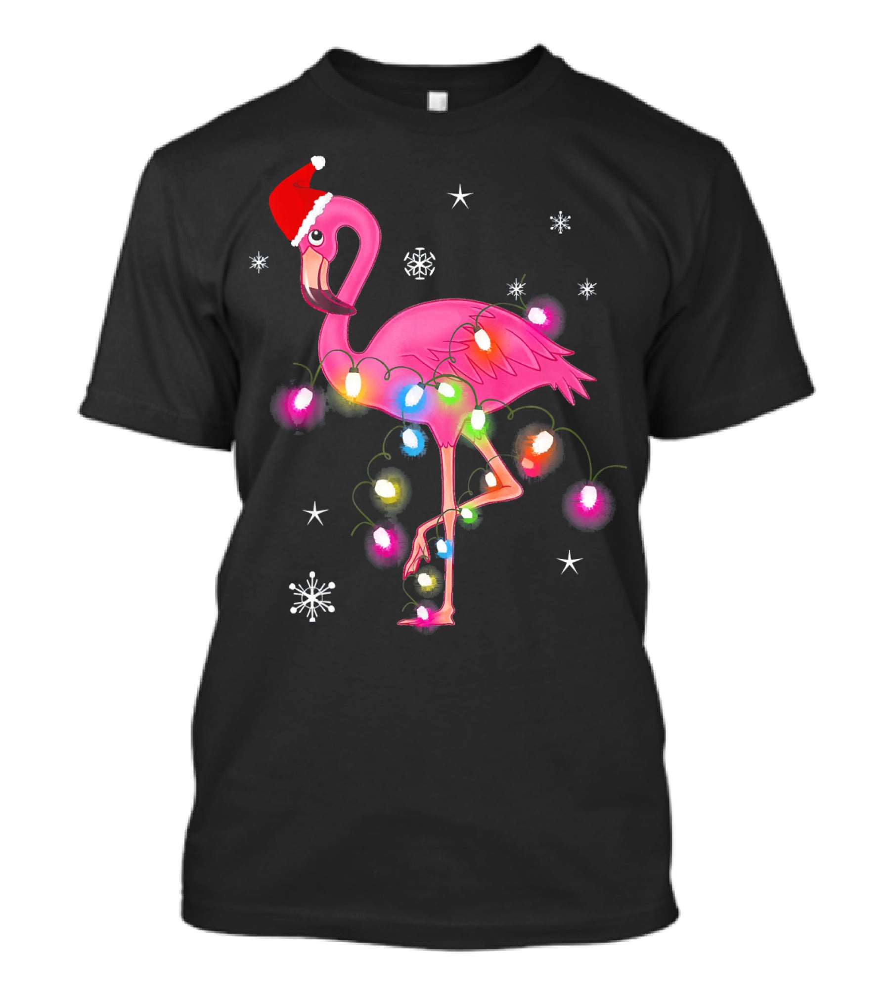 Pink Flamingo Christmas Lights And Santa Hat T-Shirt