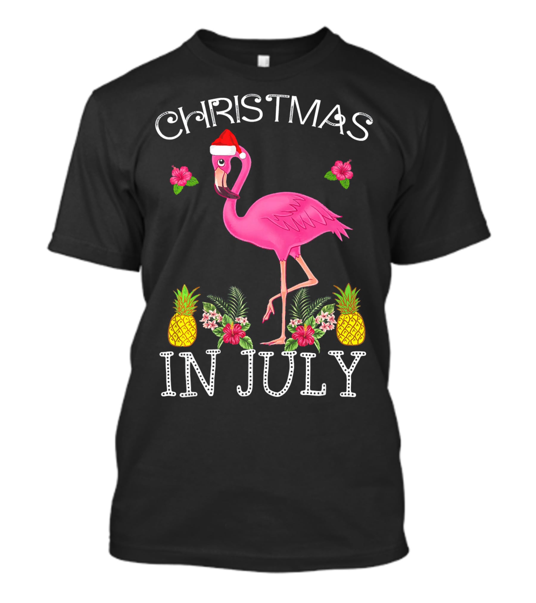 Christmas In July Pink Flamingo Santa Hat Pineapples Floral T-Shirt