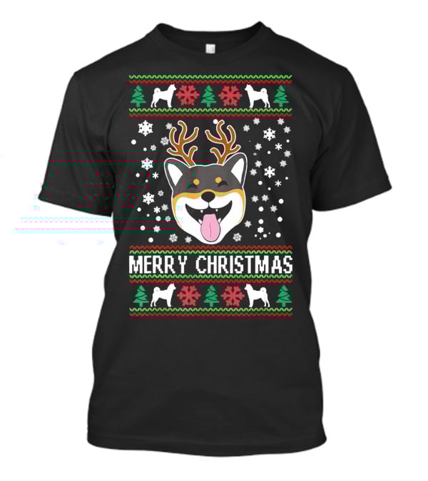 Merry Christmas Shiba Inu Reindeer Antlers Snowflakes Ugly T-Shirt