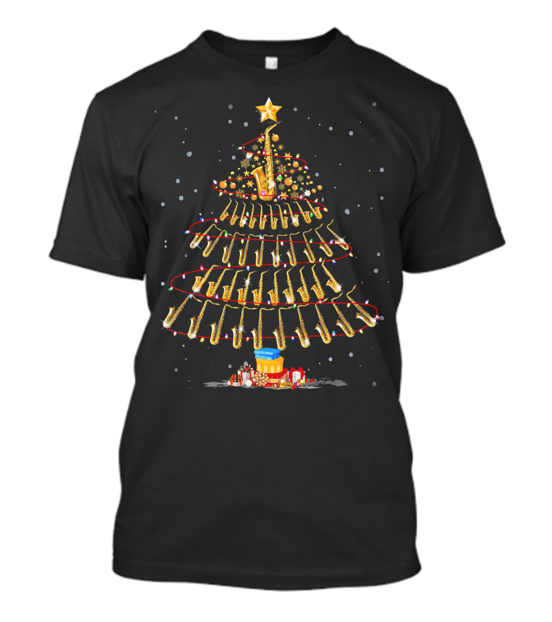 Merry Christmas Saxophone Tree Hat In Snow Scene T-Shirt