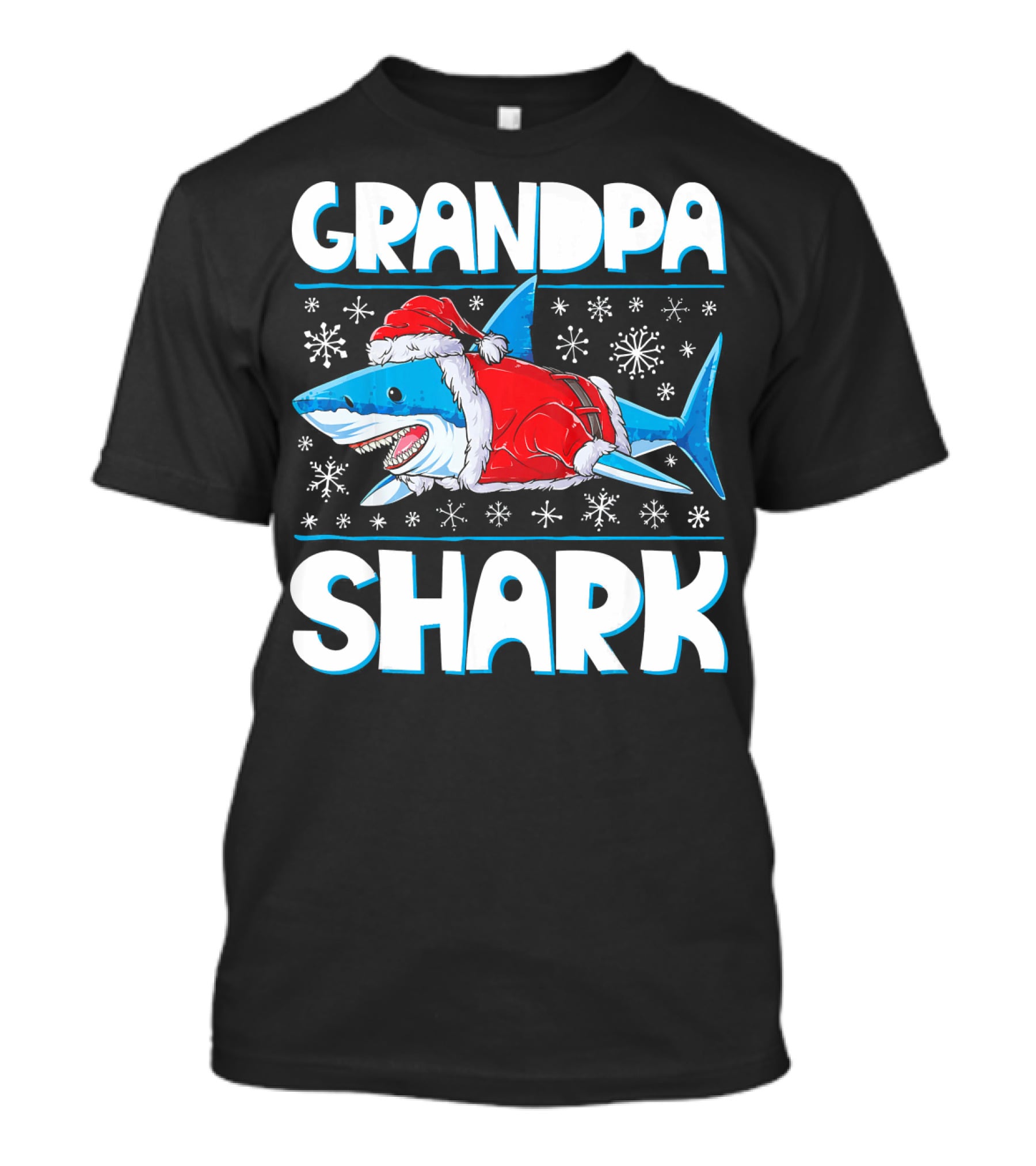 Grandpa Shark In Santa Hat With Snowflakes T-Shirt