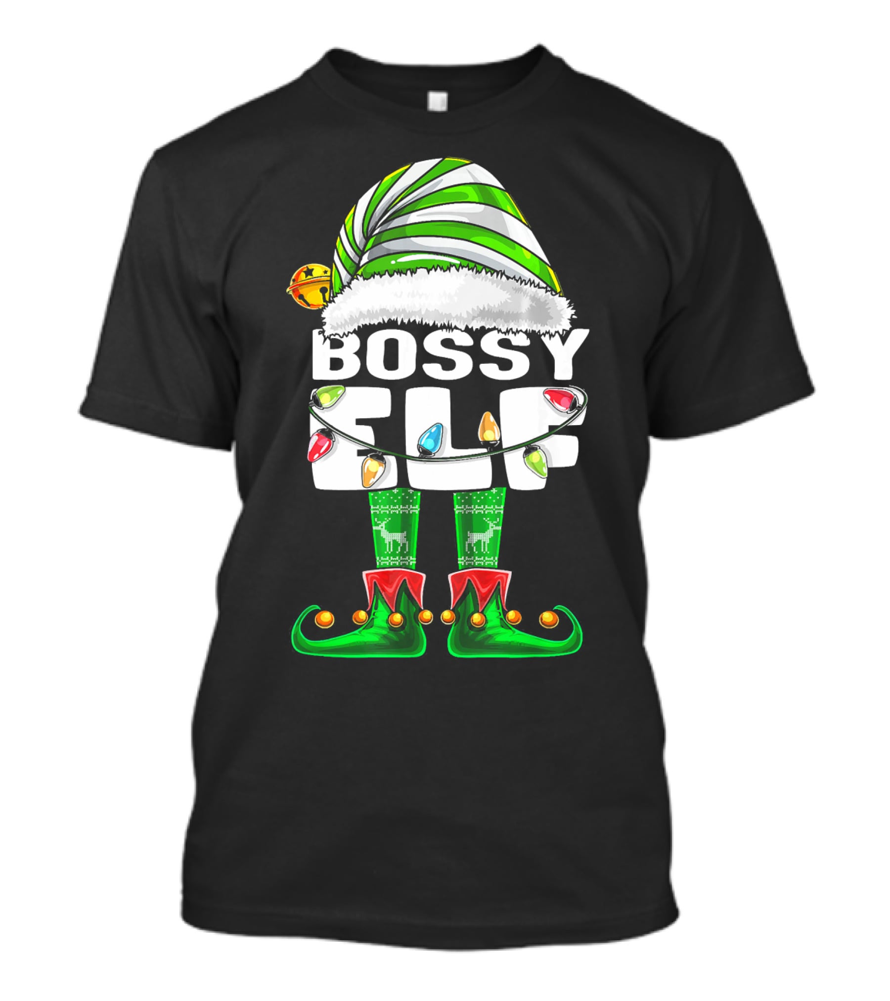 Bossy Elf Christmas Family Matching With Hat And Lights T-Shirt