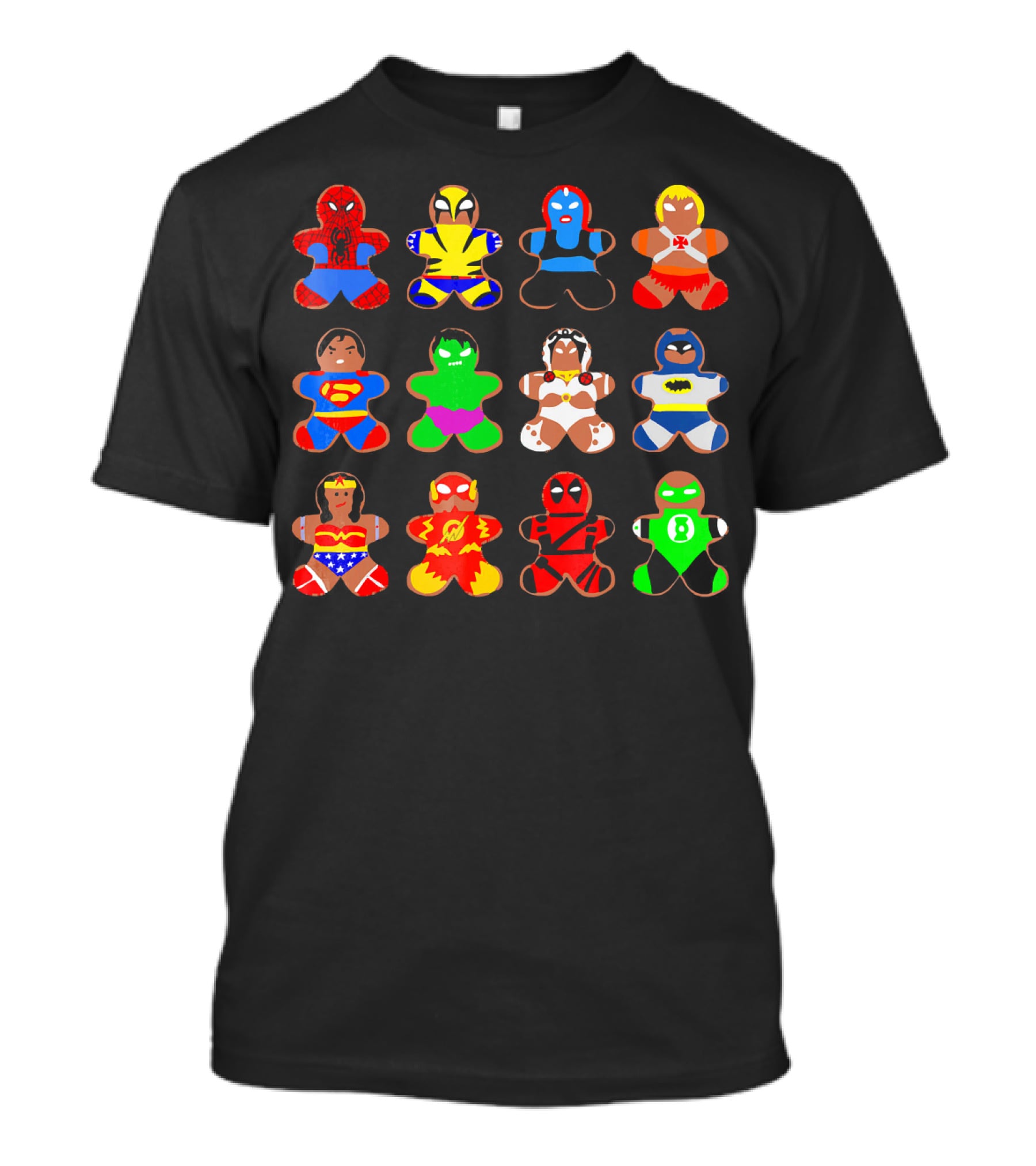 Superhero Gingerbread Man Spider-Man Wolverine Mystique Iron Man Superman Hulk Wonder Woman Flash Deadpool Batman Green Lantern T-Shirt