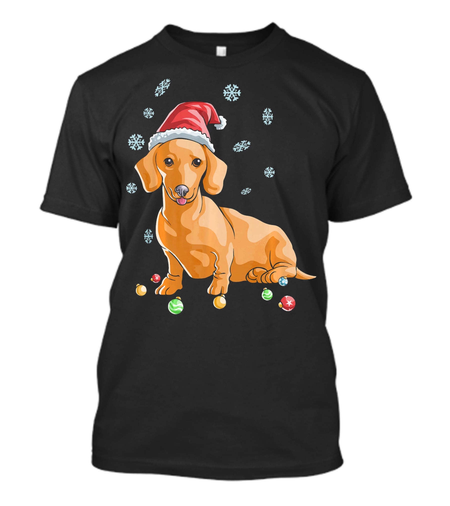 Wiener Dog Dachshund Puppy Santa Hat Snowflakes Holiday T-Shirt
