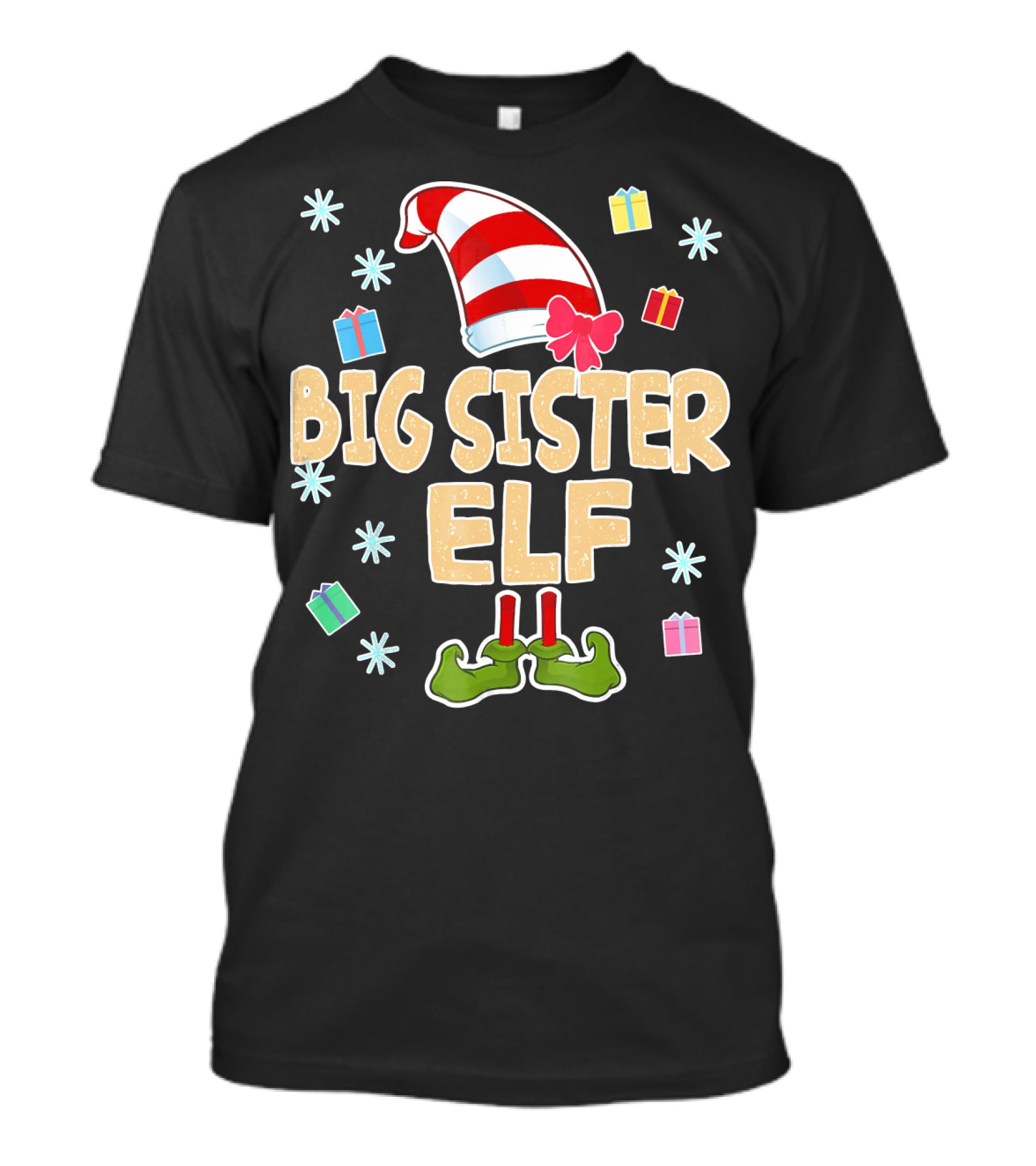 Big Sister Elf With Striped Hat And Gifts T-Shirt