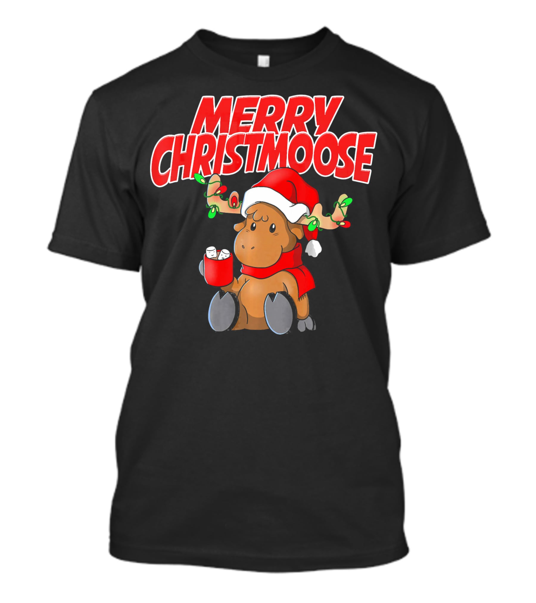 Merry Christmoose Funny Holiday Pun Moose With Santa Hat And Hot Cocoa T-Shirt