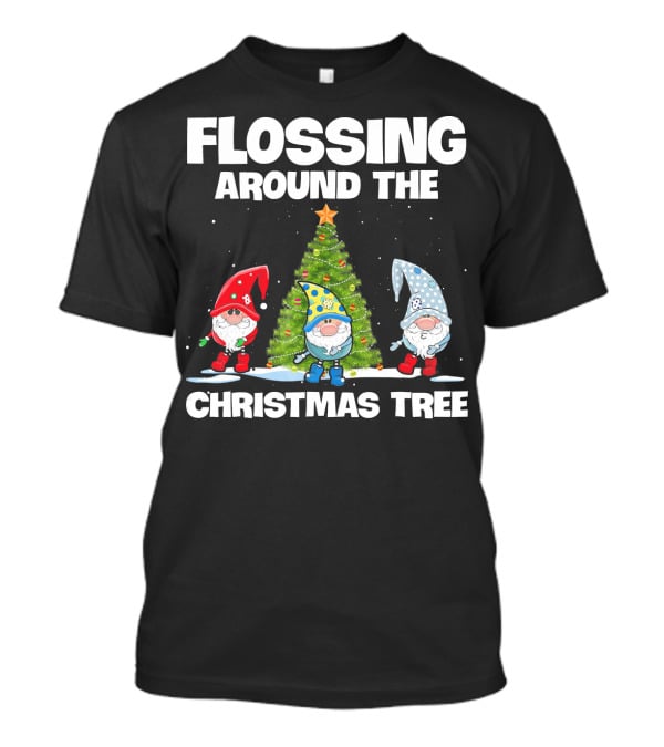 Flossing Around The Christmas Tree Gnomes And Lights Under Starry Sky T-Shirt