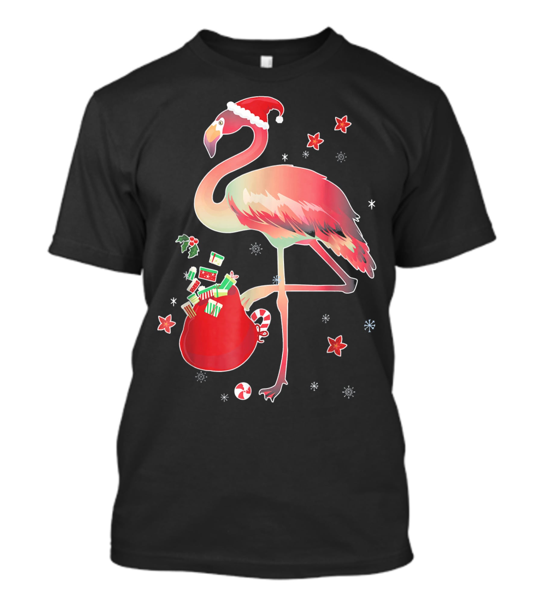 Ugly Christmas Funny Pink Flamingo With Santa Hat And Holiday Gift Bag T-Shirt