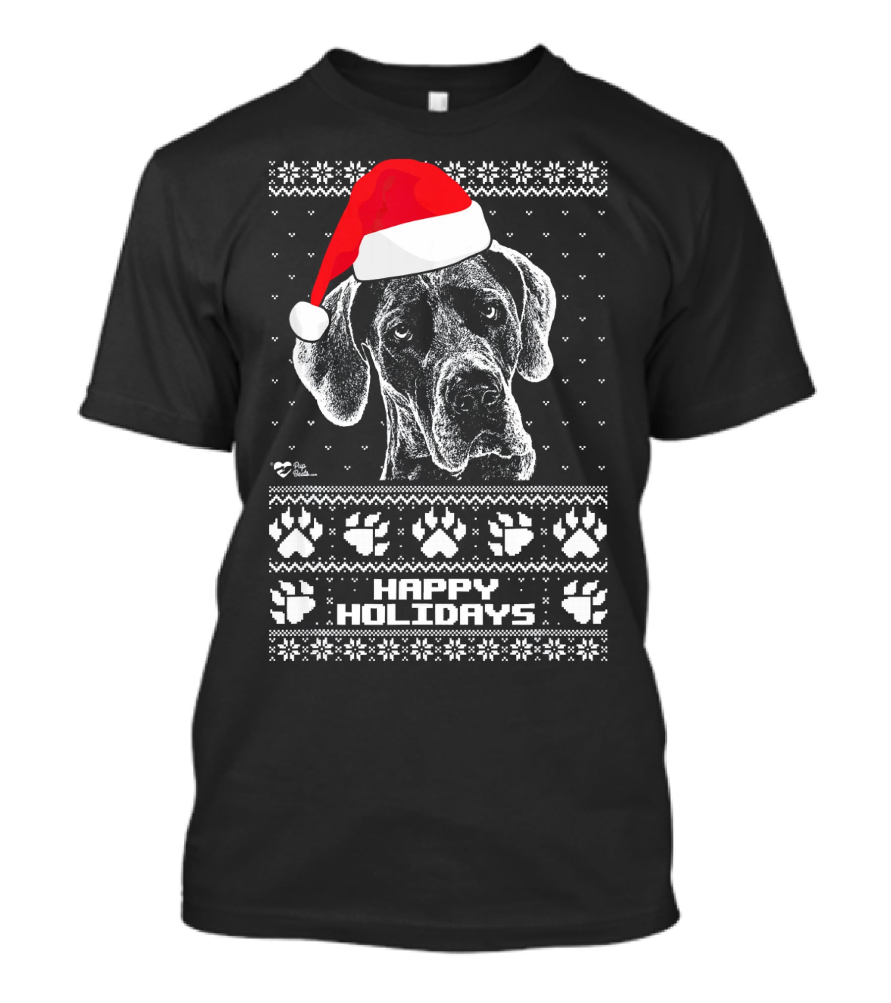 Great Dane Happy Holidays Santa Hat Paw Prints T-Shirt