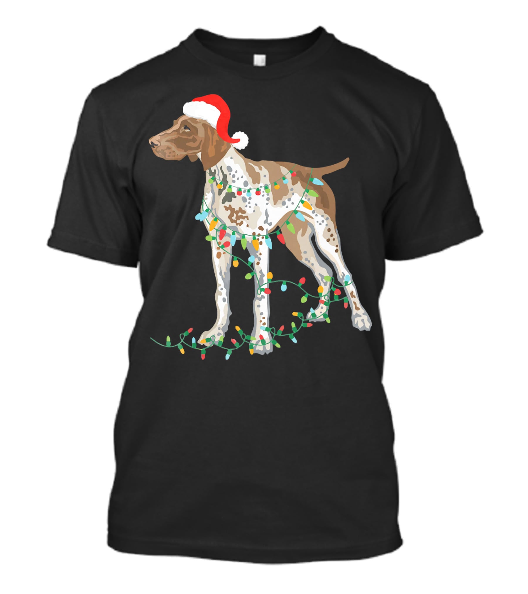 German Shorthaired Pointer Wearing Santa Hat With Christmas Lights Entwined T-Shirt