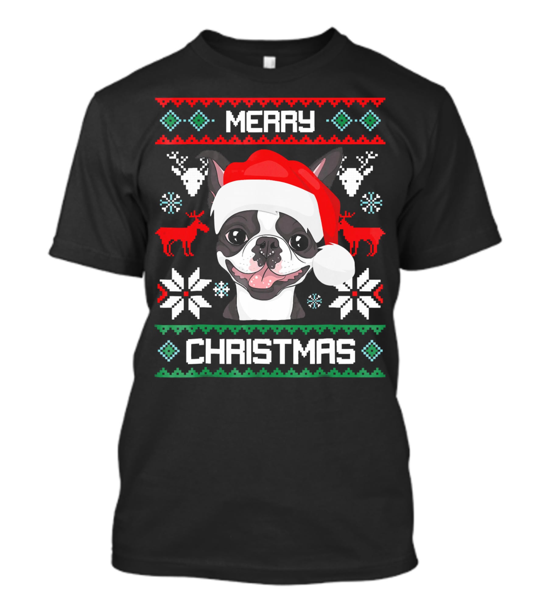 Merry Christmas Boston Terrier Santa Hat Ugly Sweater Holiday T-Shirt