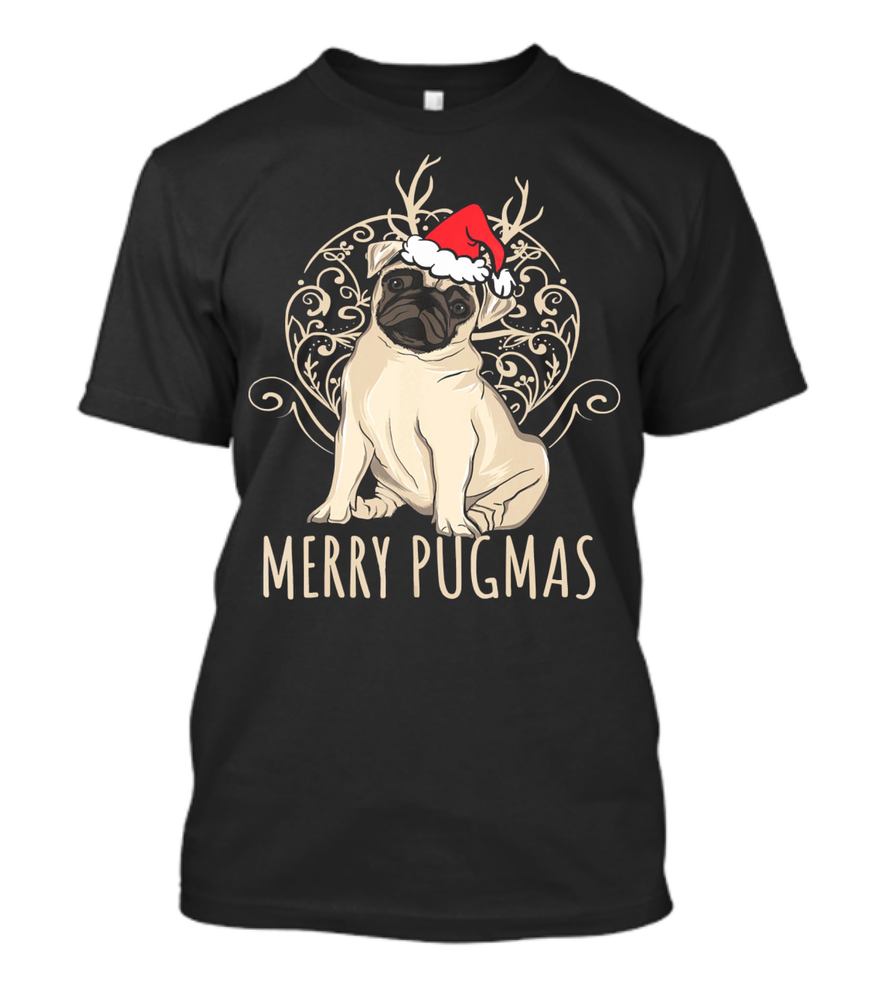 Merry Pugmas Funny Pug With Santa Hat And Antlers T-Shirt