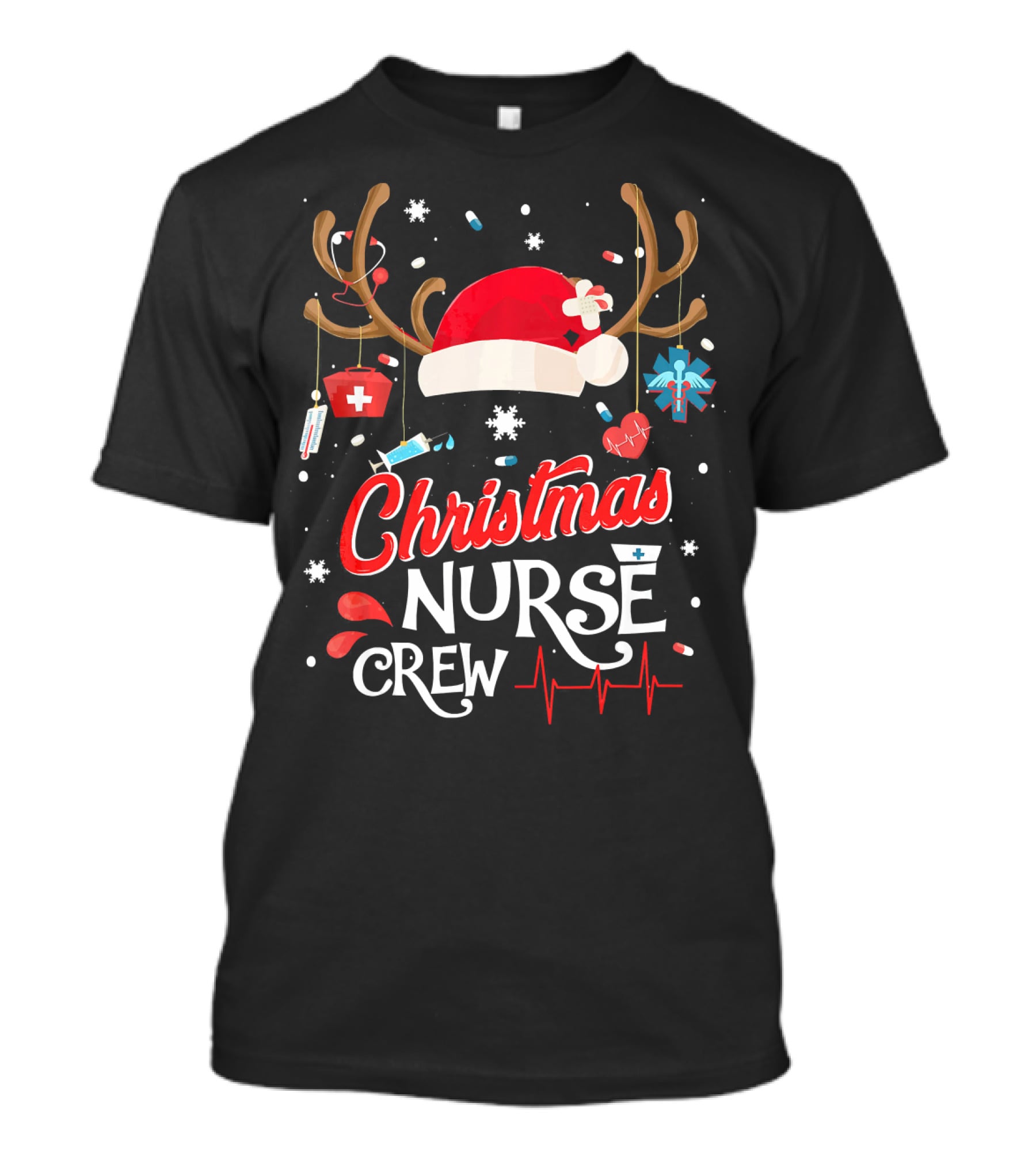 Christmas Nurse Crew Antlers Santa Hat Medical Elements T-Shirt