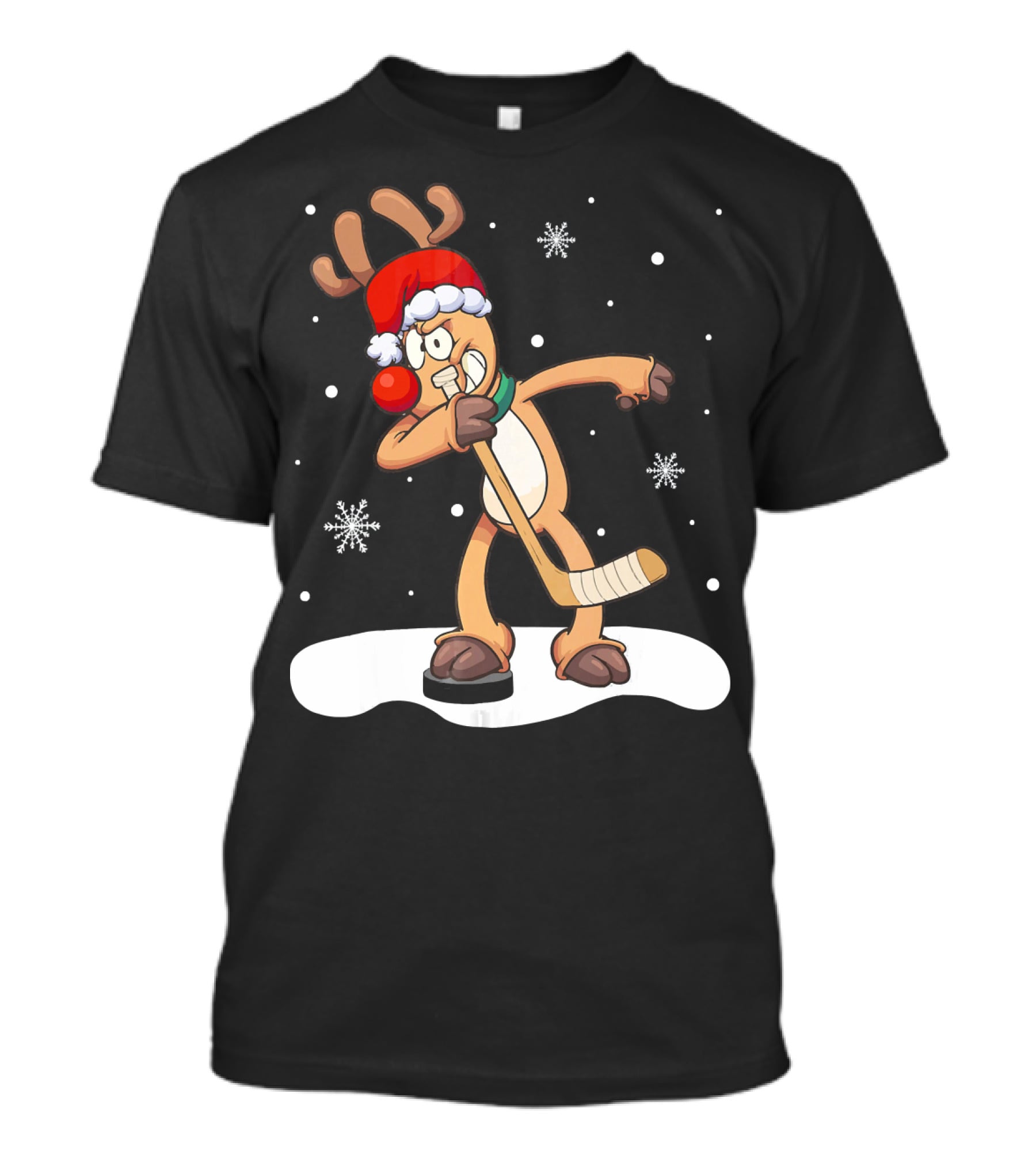 Funny Dabbing Reindeer Playing Ice Hockey Xmas Snowflakes T-Shirt