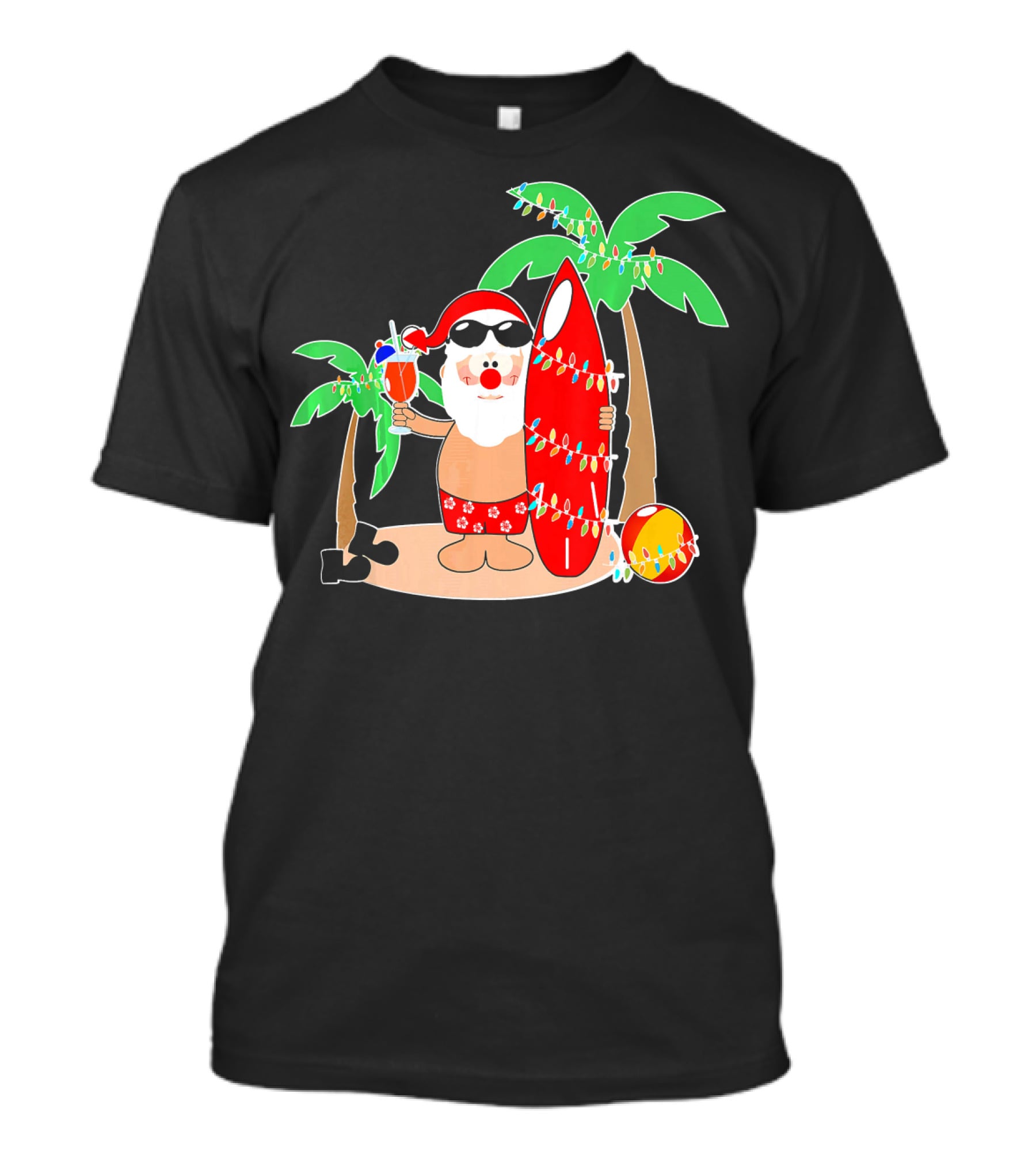 Santa Claus Surfing Hawaiian Summer Palm Trees And Lights T-Shirt