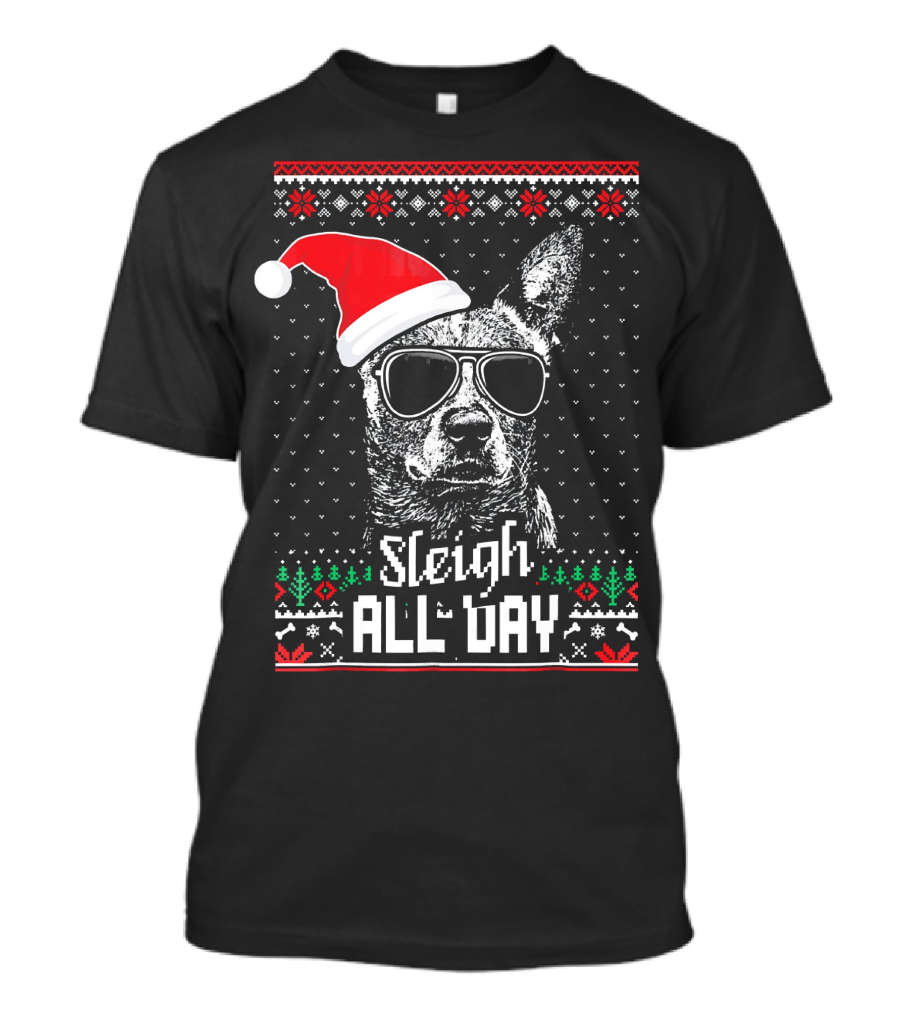 Sleigh All Day Funny Australian Cattle Dog Christmas Santa Hat Sunglasses Festive Knit T-Shirt