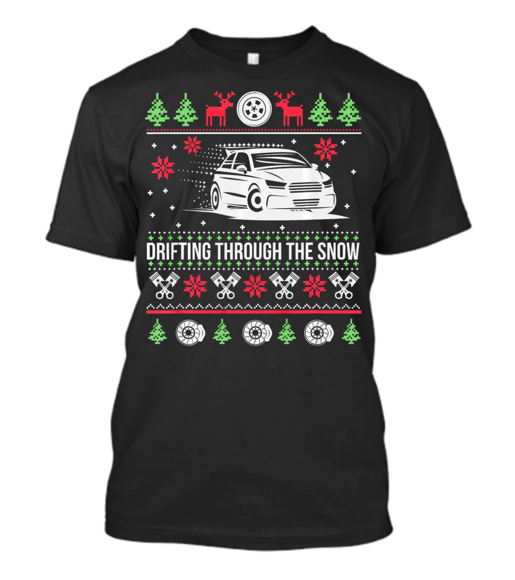 Drifting Through The Snow Christmas Car With Reindeer And Snowflakes T-Shirt
