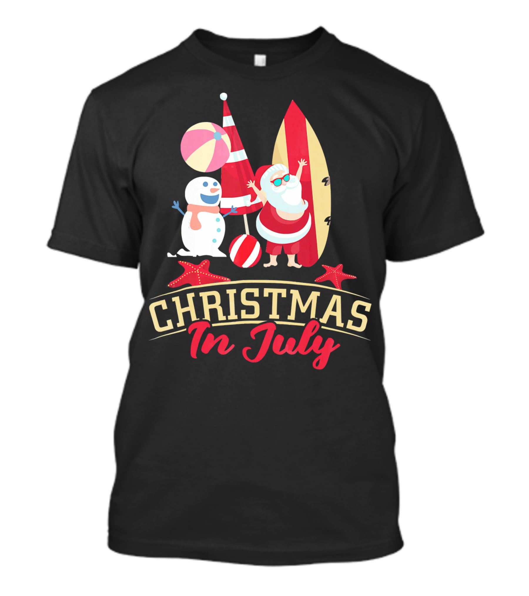 Christmas In July Santa Surfing Snowman Beach Ball T-Shirt