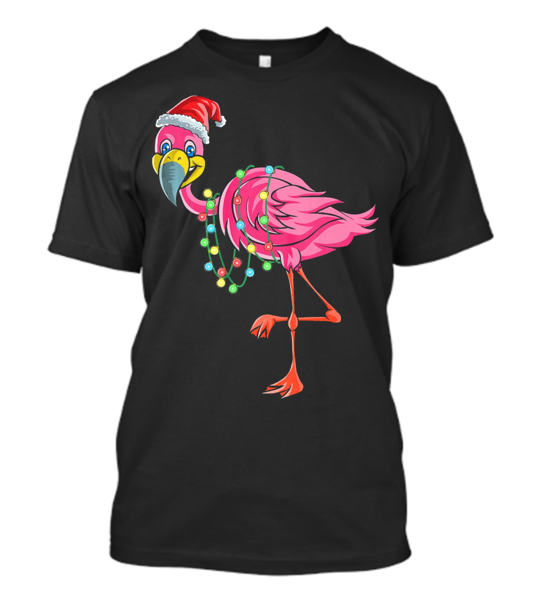 Christmas Flamingo Santa Hat Festive Lights Fun T-Shirt