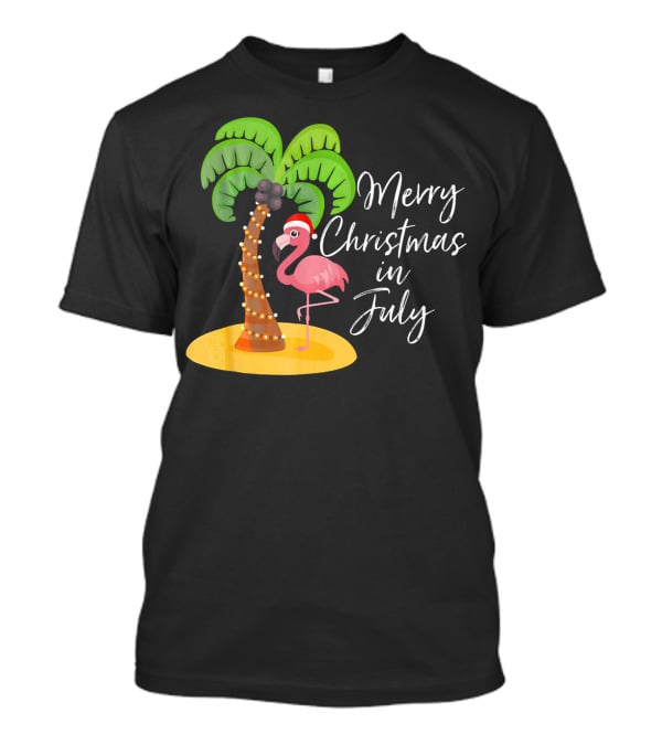 Merry Christmas In July Flamingo And Palm Tree T-Shirt