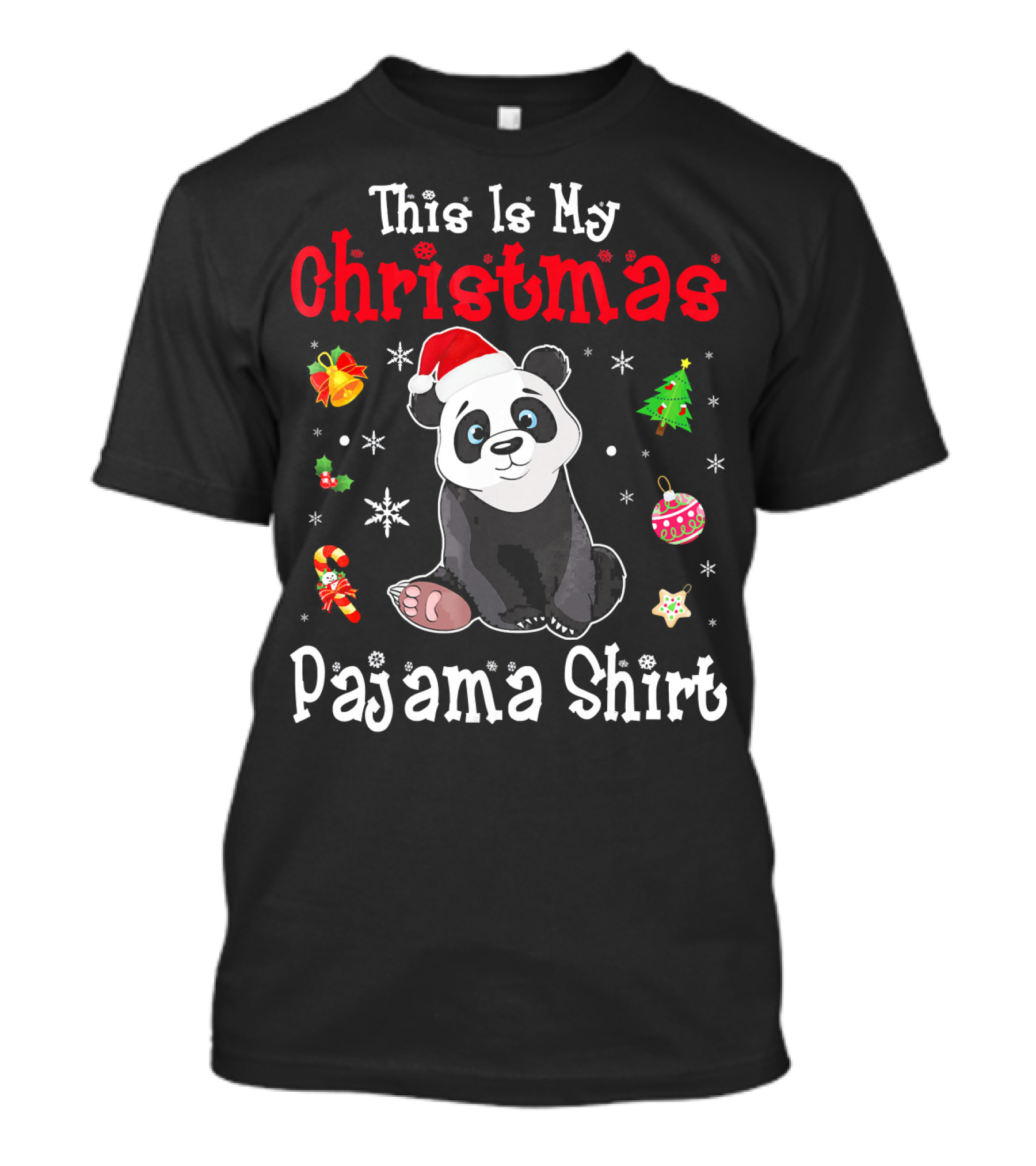 This Is My Christmas Pajama Shirt Panda Santa Hat Snowflakes Ornaments T-Shirt