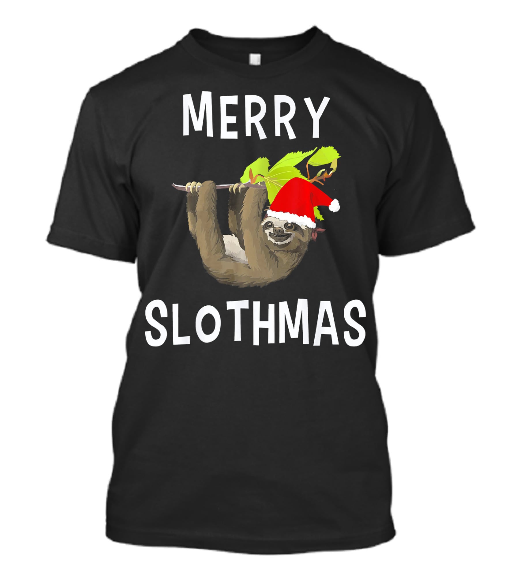 Merry Slothmas Hanging Sloth In Santa Hat With Leaves T-Shirt