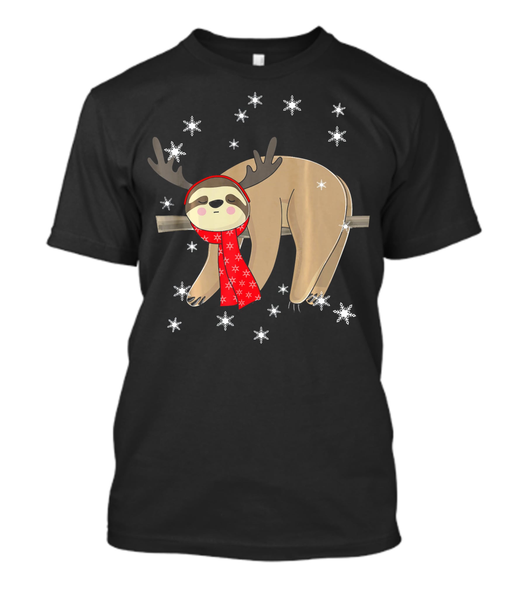 Funny Christmas Sloth Cute Sloth With Antlers And Red Scarf Surrounded By Snowflakes T-Shirt