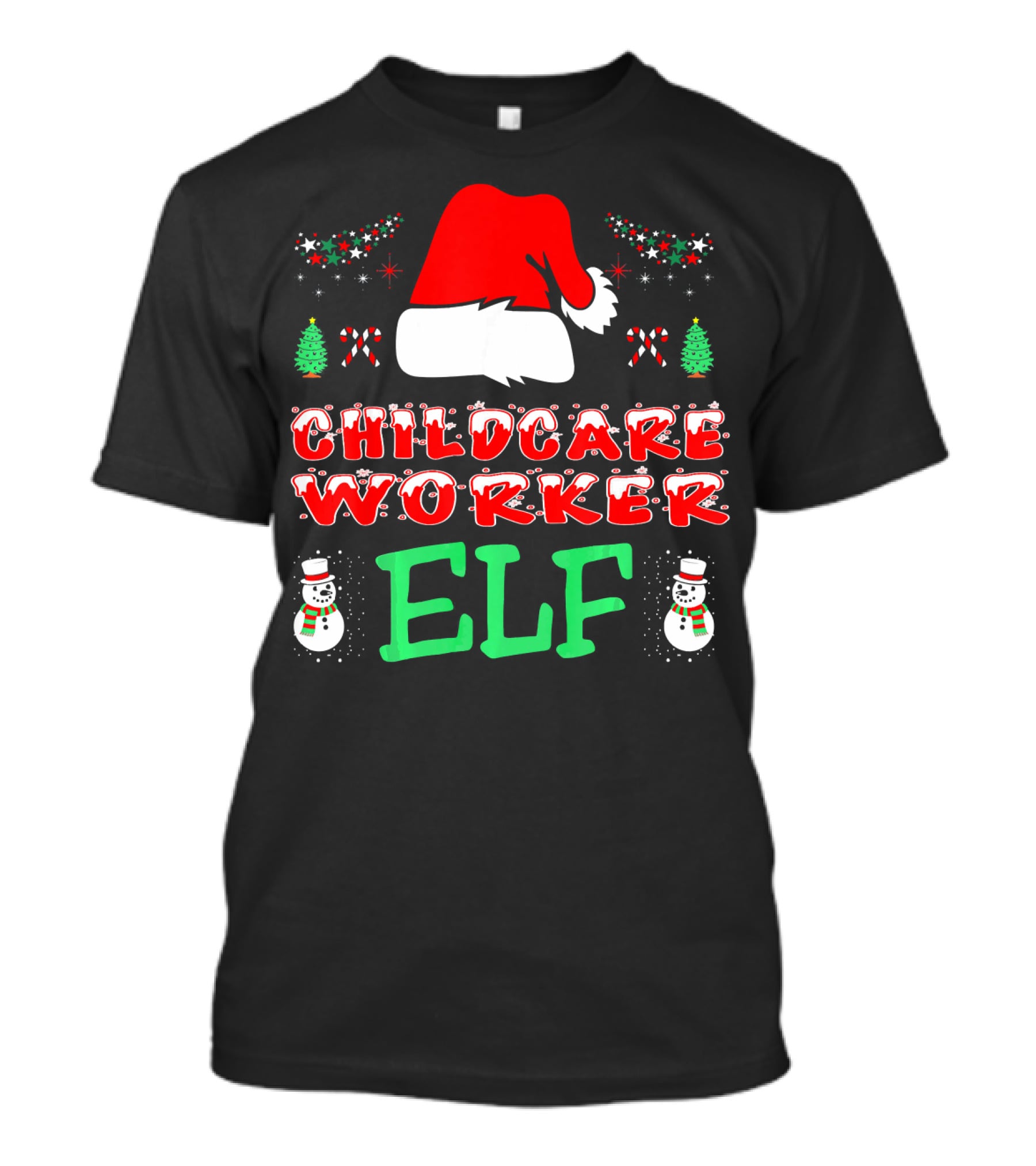 Childcare Worker Elf Santa Hat Candy Canes Snowmen Christmas Trees T-Shirt