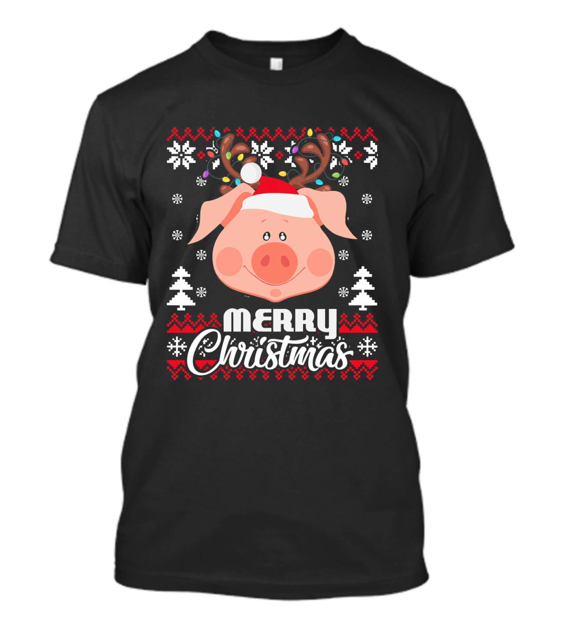 Merry Christmas Pig Santa Hat Antler Ugly T-Shirt