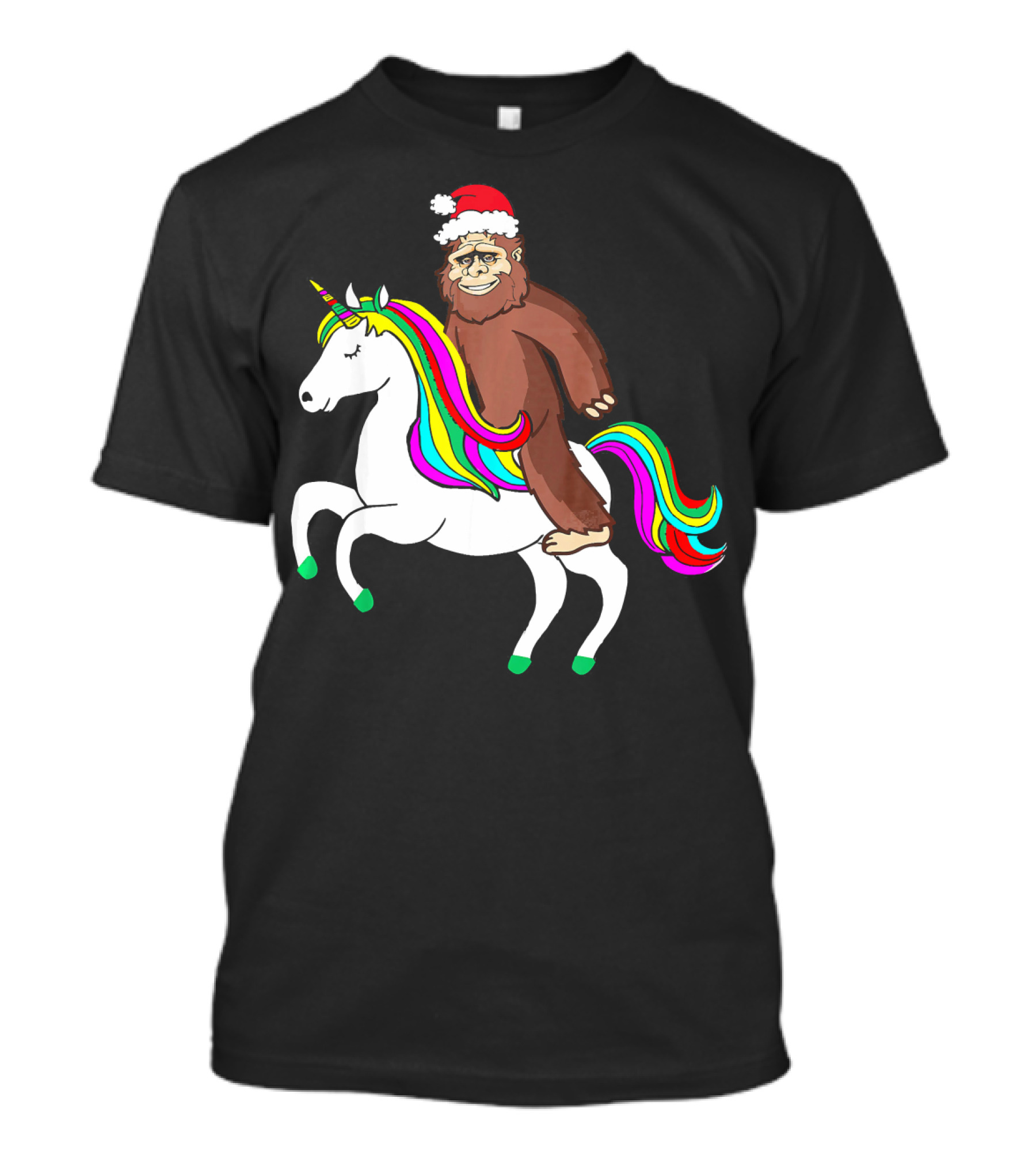Bigfool Riding Unicorn With Santa Hat Rainbow Mane T-Shirt