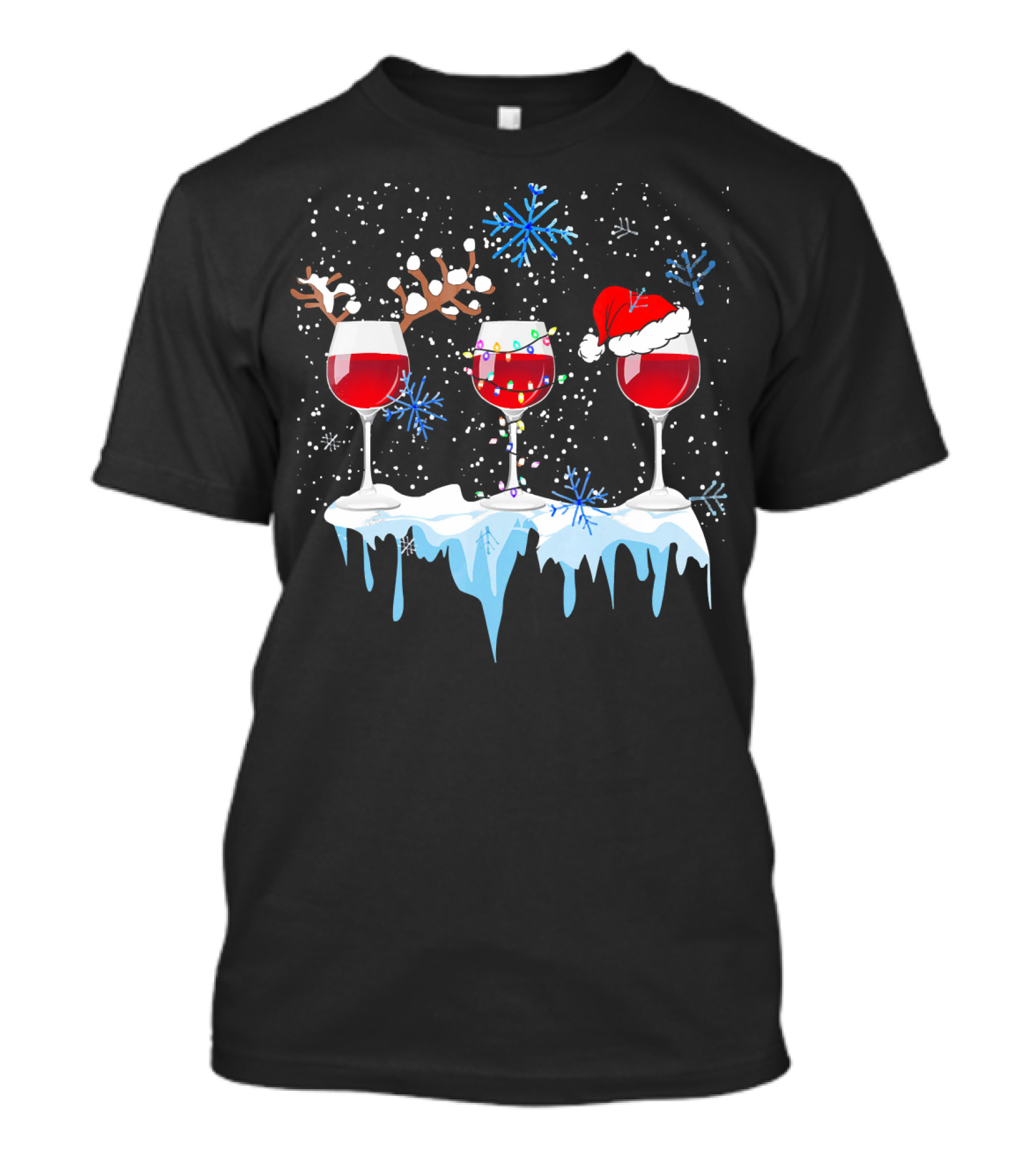 Christmas Reindeer Wine Glasses Santa Hat Snowflakes Holiday T-Shirt