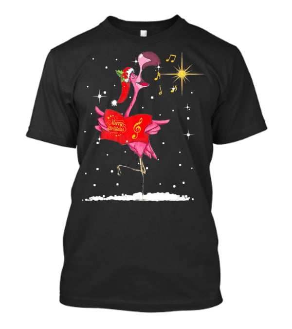 Funny Flamingo Sings Merry Christmas Song With Musical Notes And Santa Hat T-Shirt