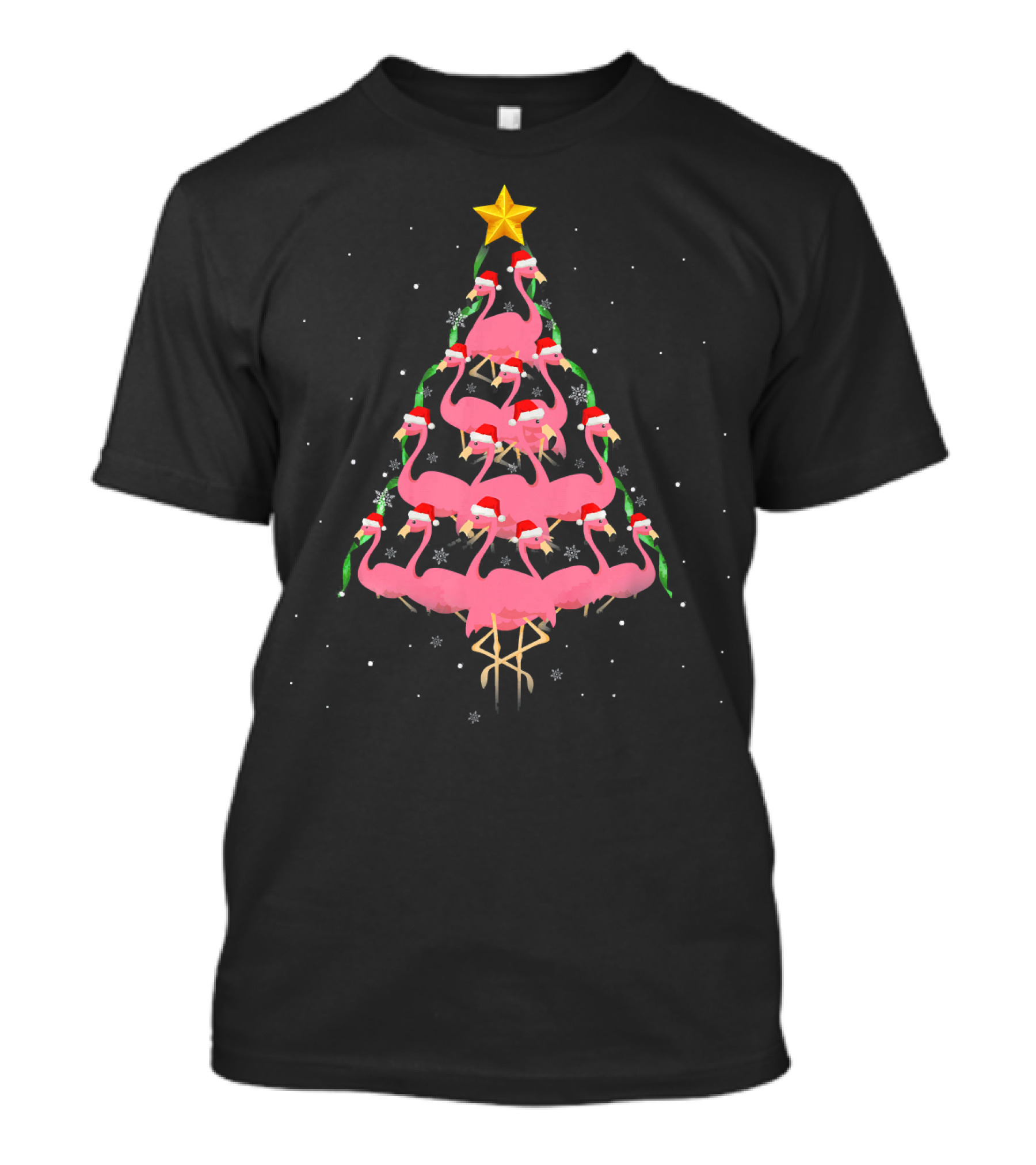 Funny Pink Flamingo Christmas Tree With Santa Hats And Star Topper T-Shirt